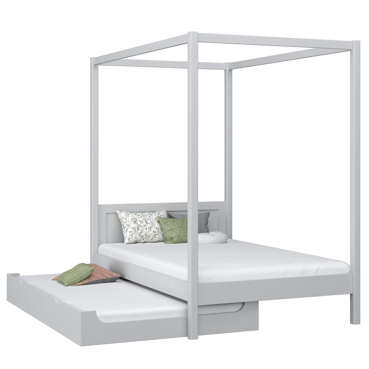 Letto con baldacchino e cassetto per materasso in legno grigio – stanza per bambini scandi