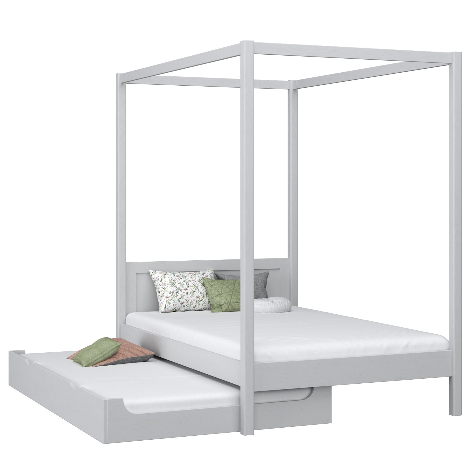 Letto con baldacchino e cassetto per materasso in legno grigio – stanza per bambini scandi