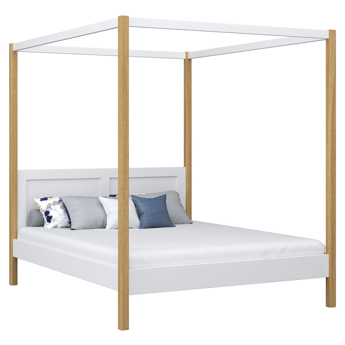 Double bed with canopy white and oak – wooden slatted frame and slats, Nizio