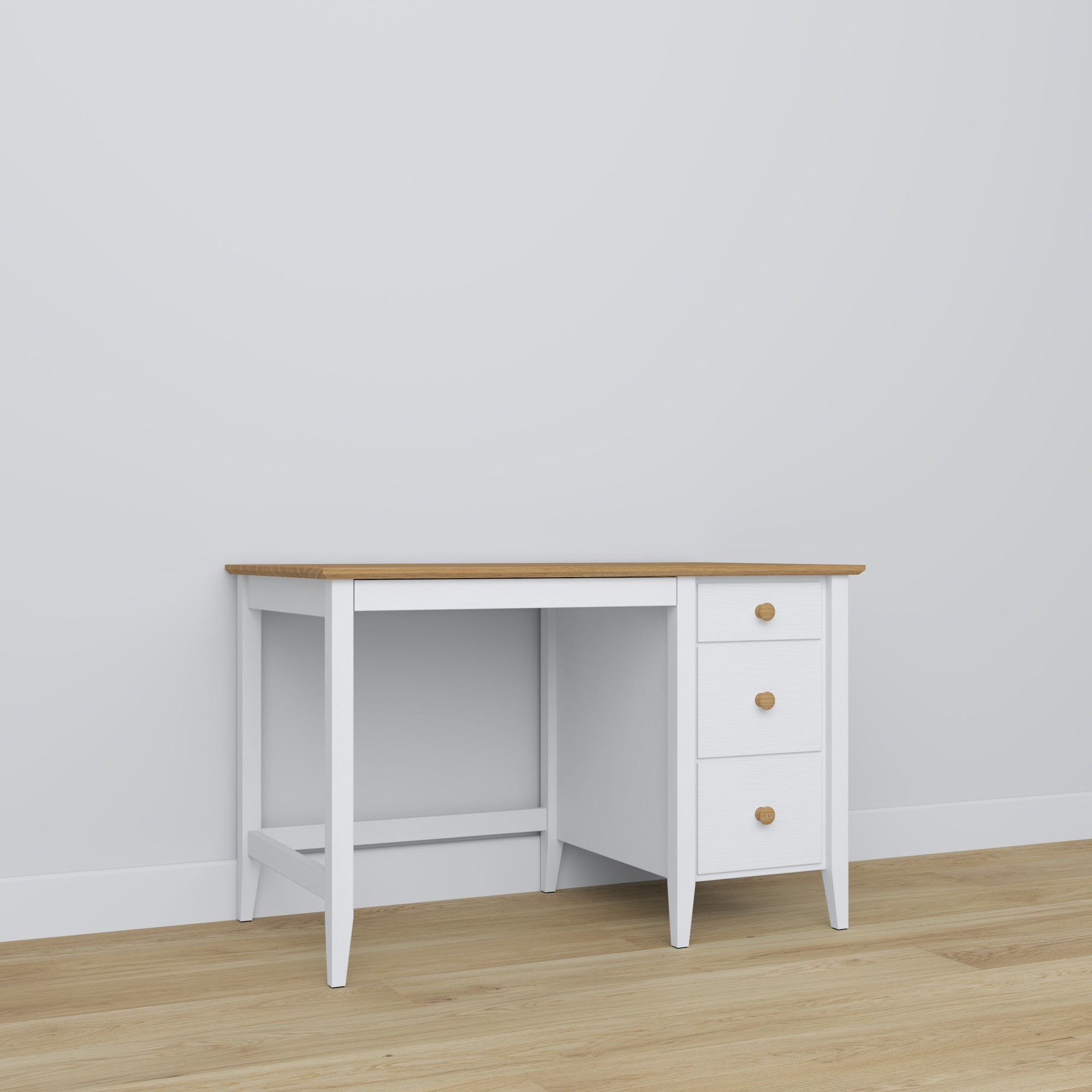 Desk 3S white with oak wood – side view, tabletop depth