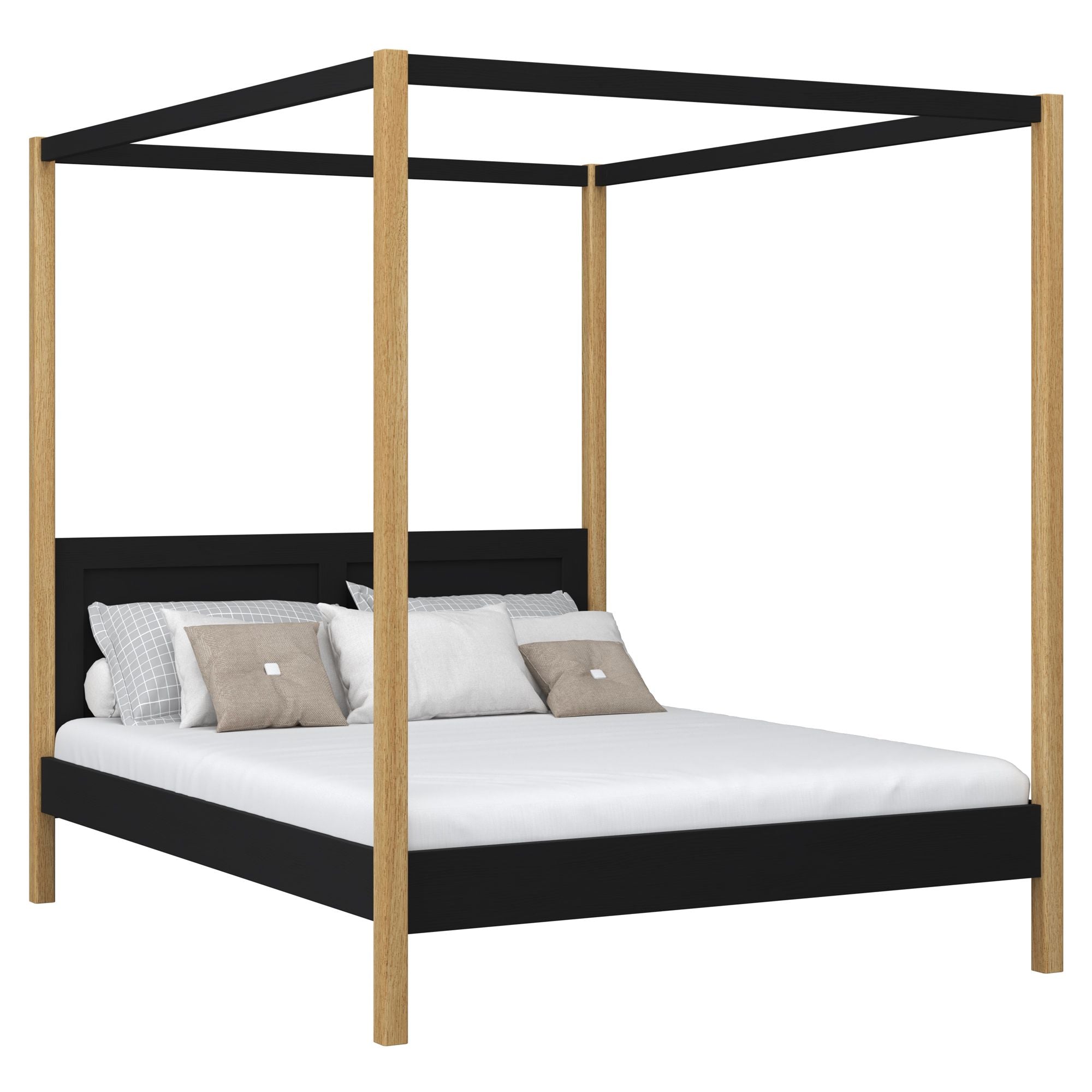 Double bed with canopy black and oak – wooden slatted frame and slats, Nizio