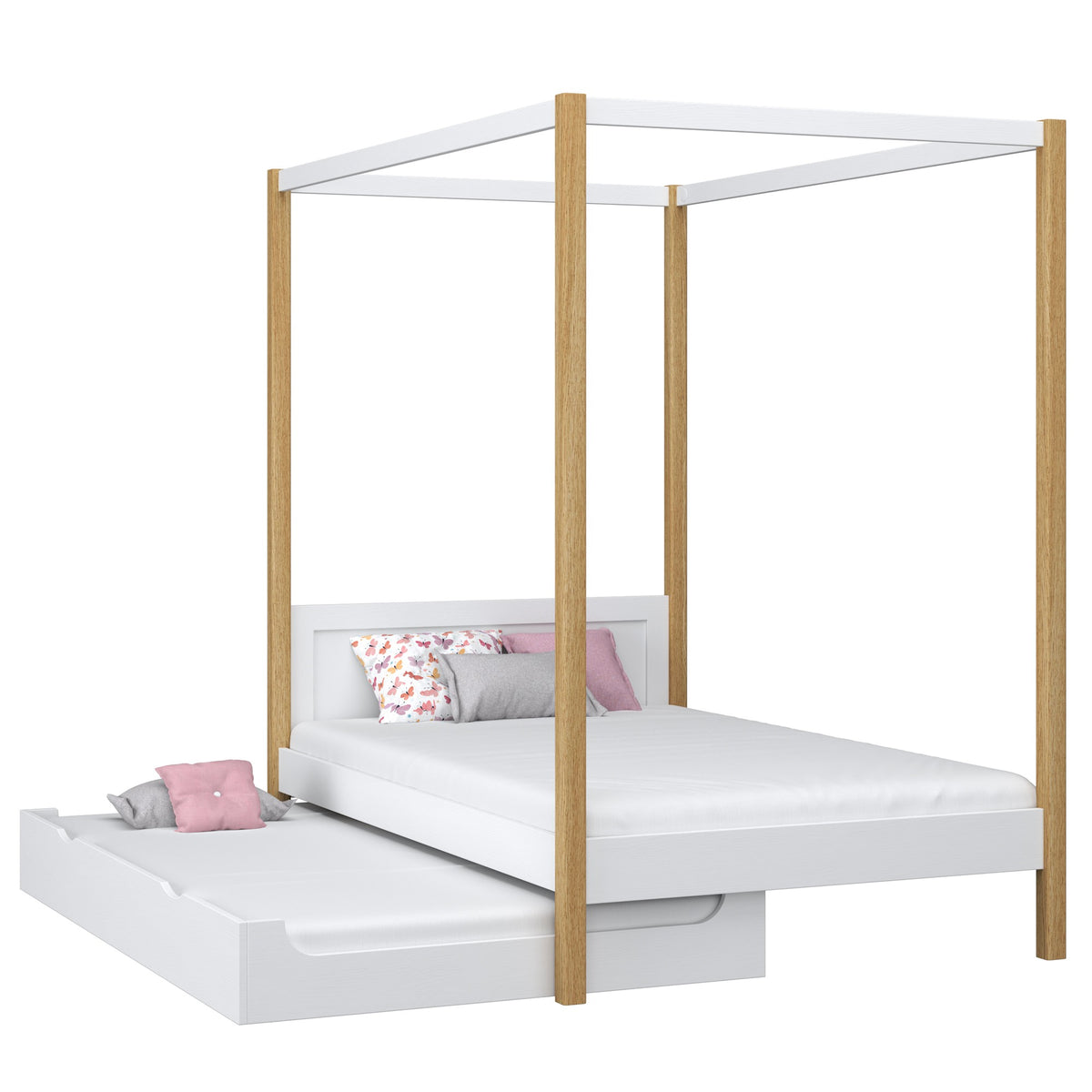 Wooden canopy bed with mattress drawer white-oak – scandi child’s room