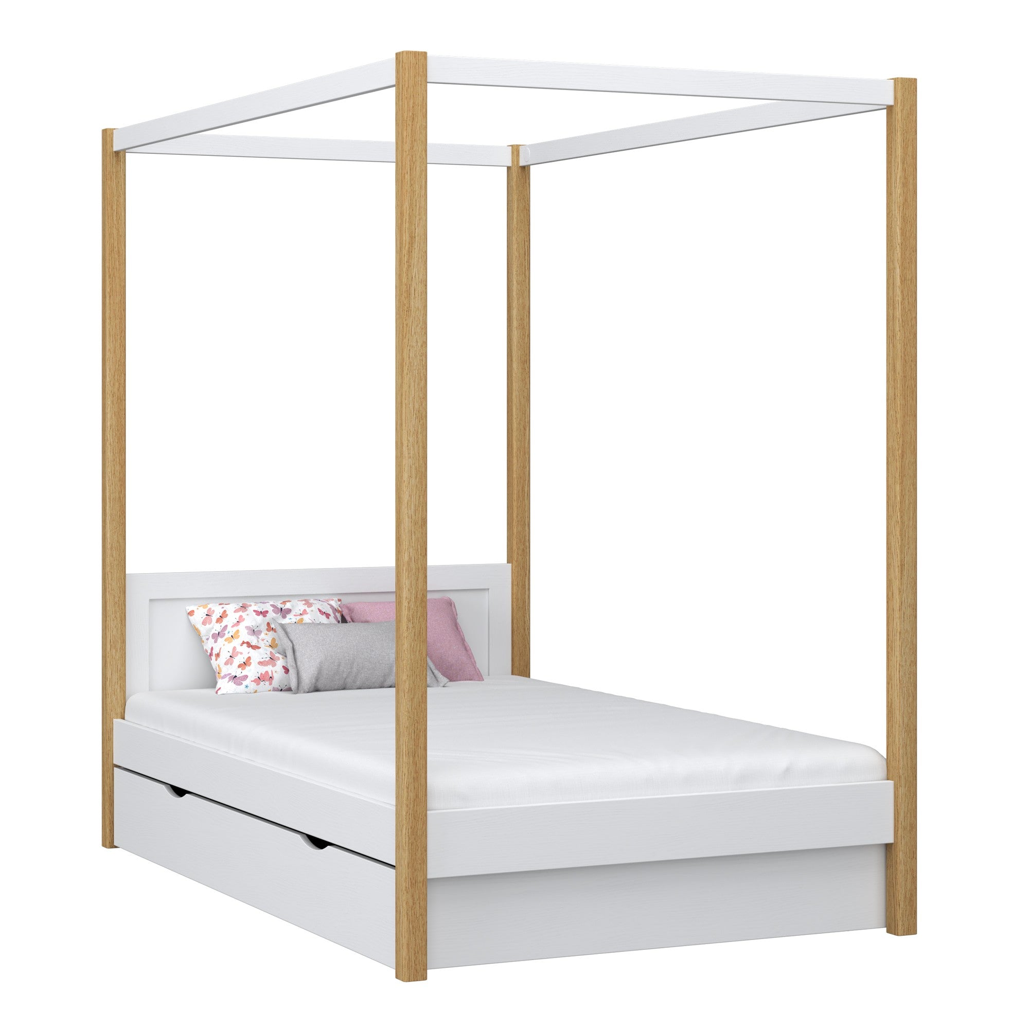 Letto con baldacchino e cassetto in legno bianco-quercia – stanza per bambini, stile scandi