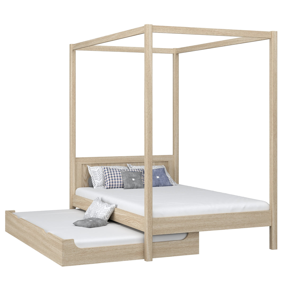 Oak canopy bed with mattress drawer bleached oak – scandi child’s room