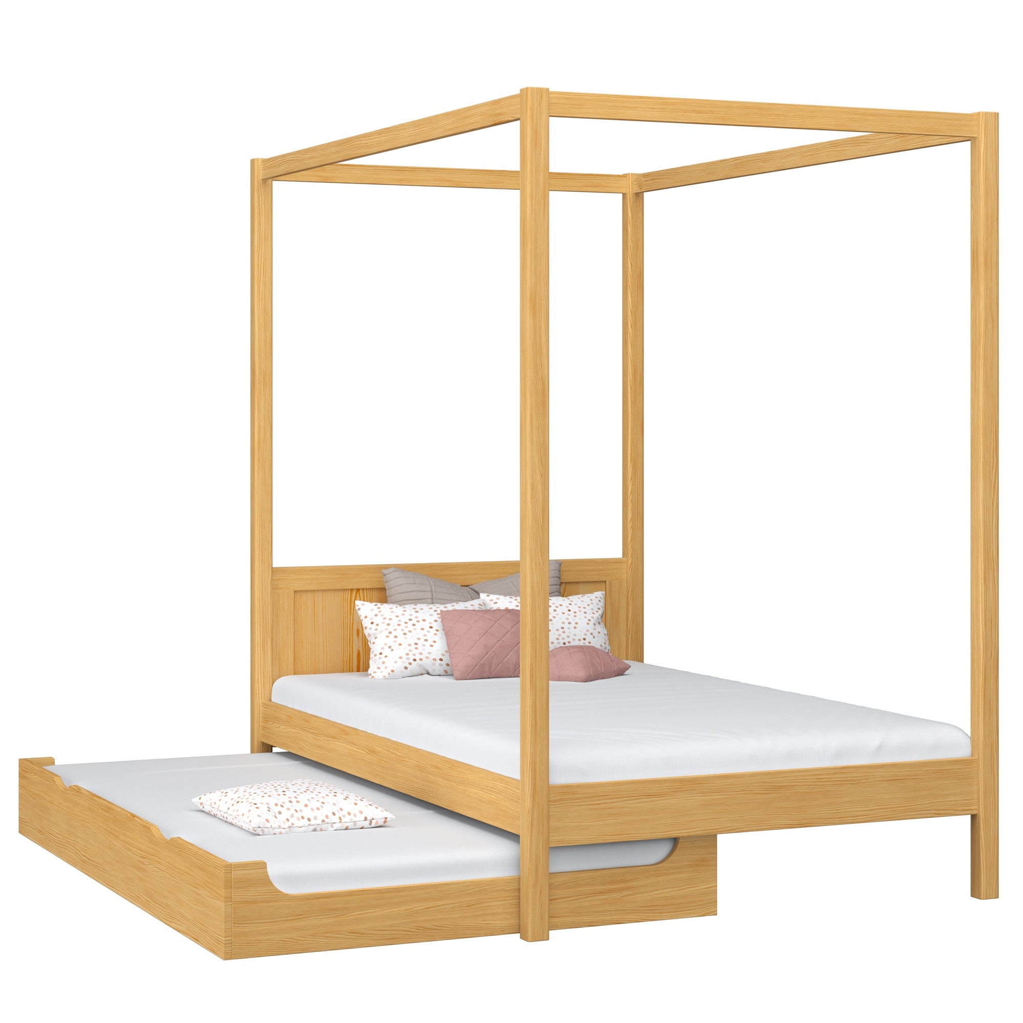 Wooden canopy bed with mattress drawer natural pine – scandi child’s room