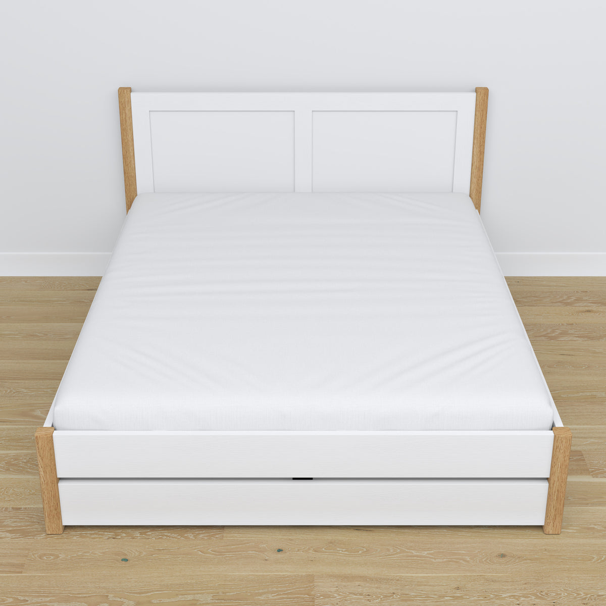 Letto matrimoniale con cassetto in legno bianco con quercia – vista diagonale, camera da letto scandi