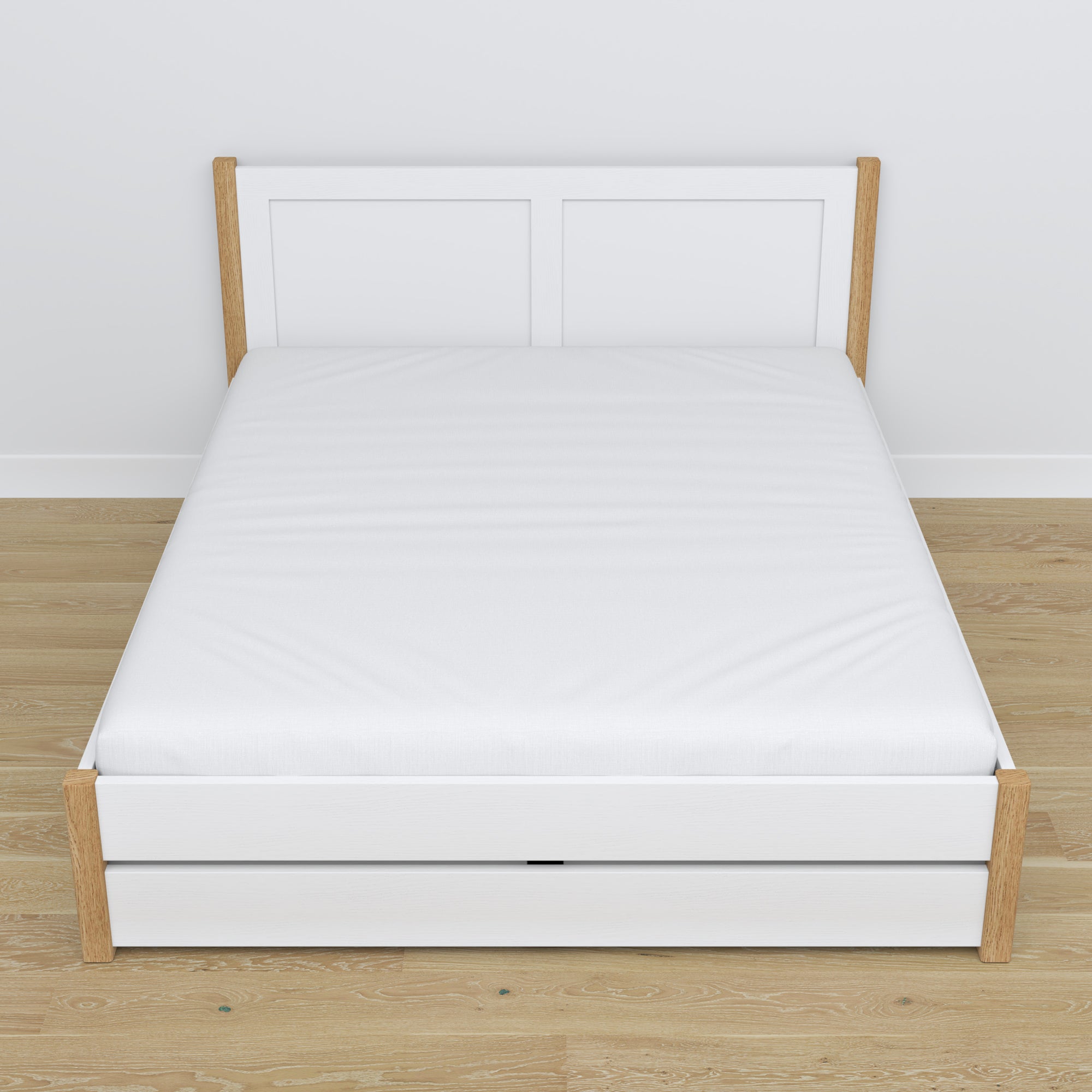 Letto matrimoniale con cassetto in legno bianco con quercia – vista diagonale, camera da letto scandi