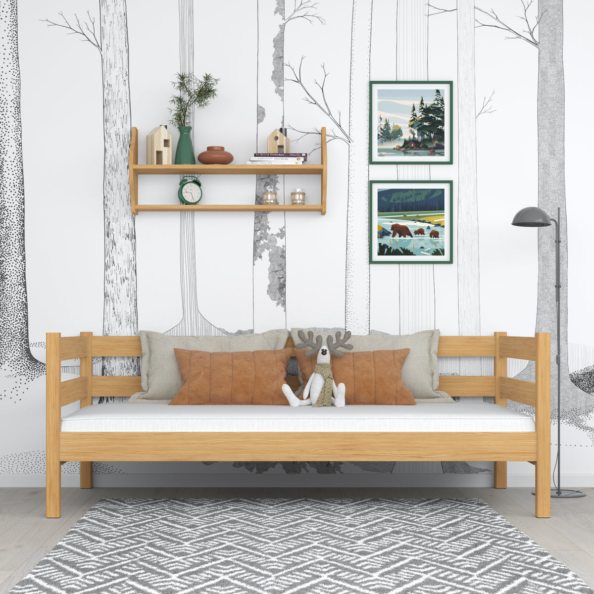 Letto divano pino naturale – laterale sponda in legno, sicurezza per bambini