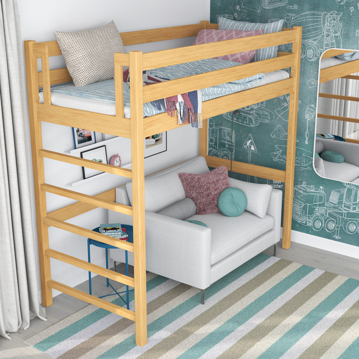 Loft bed natural pine in children’s room – scandi arrangement, wooden
