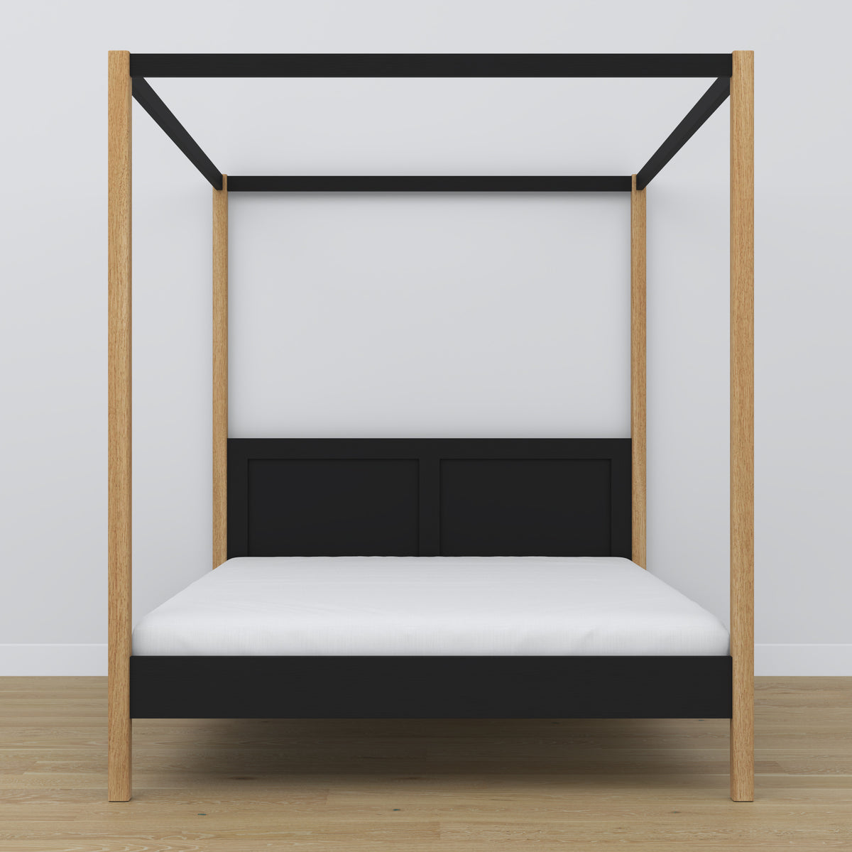 Wooden double bed with canopy black and oak – headboard and frame, close-up