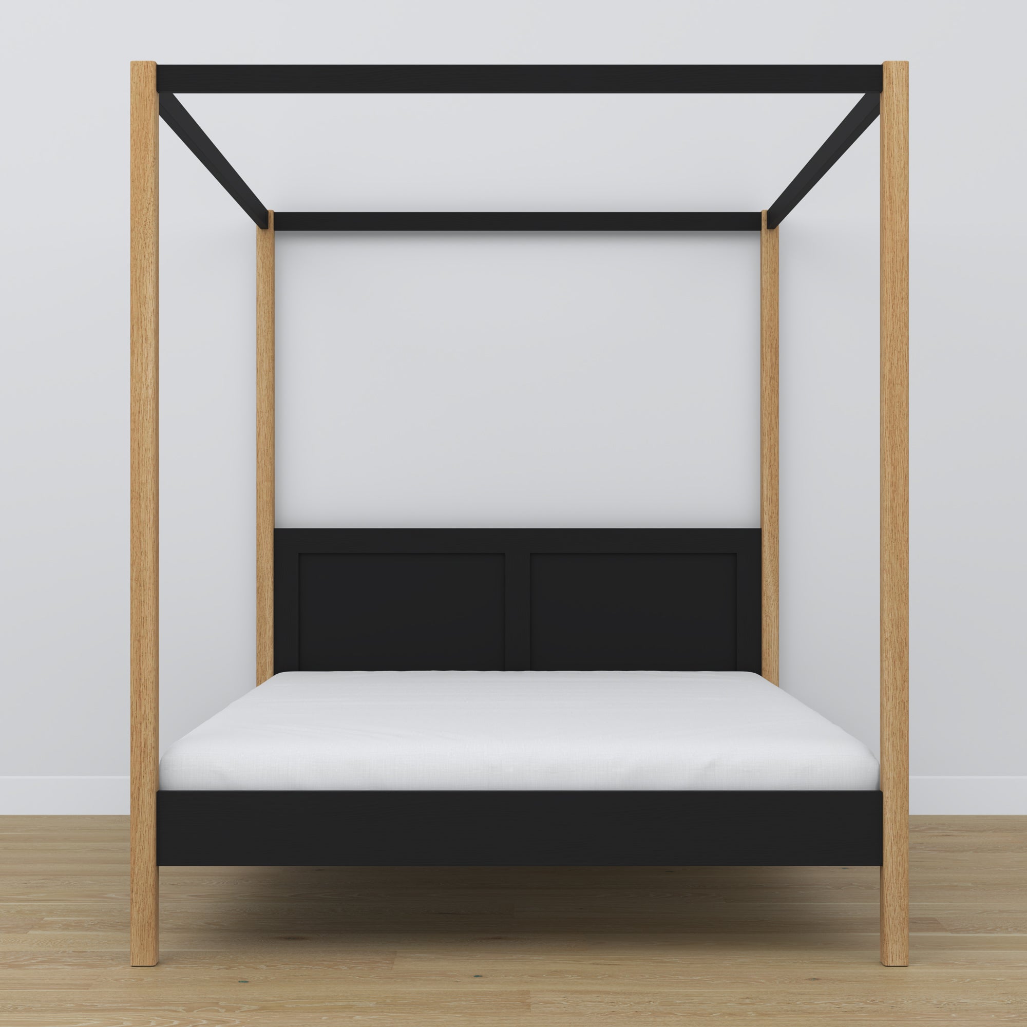 Wooden double bed with canopy black and oak – headboard and frame, close-up