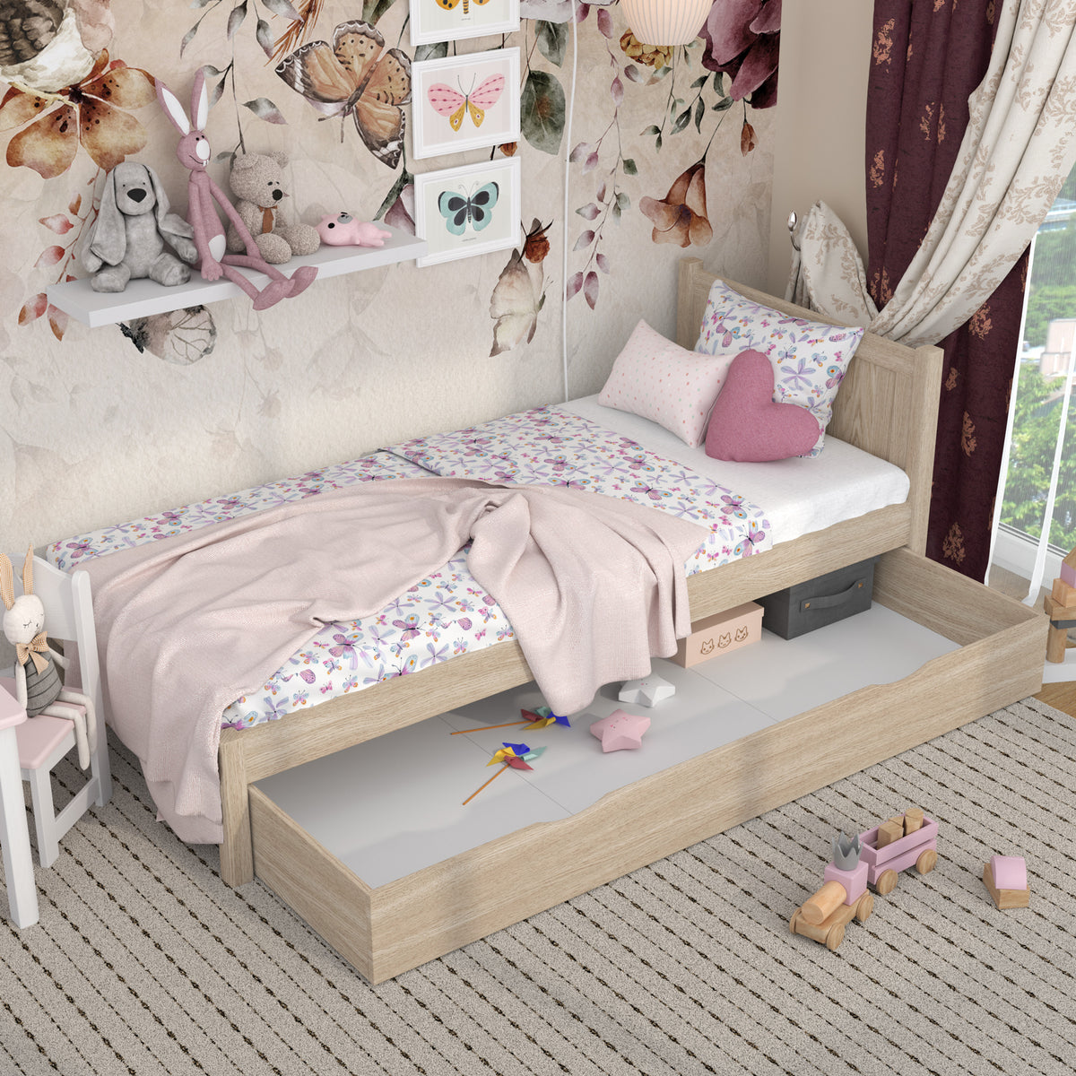 Bleached Oak Bed with Drawer – Spacious Storage, Oak, for Children, Nizio