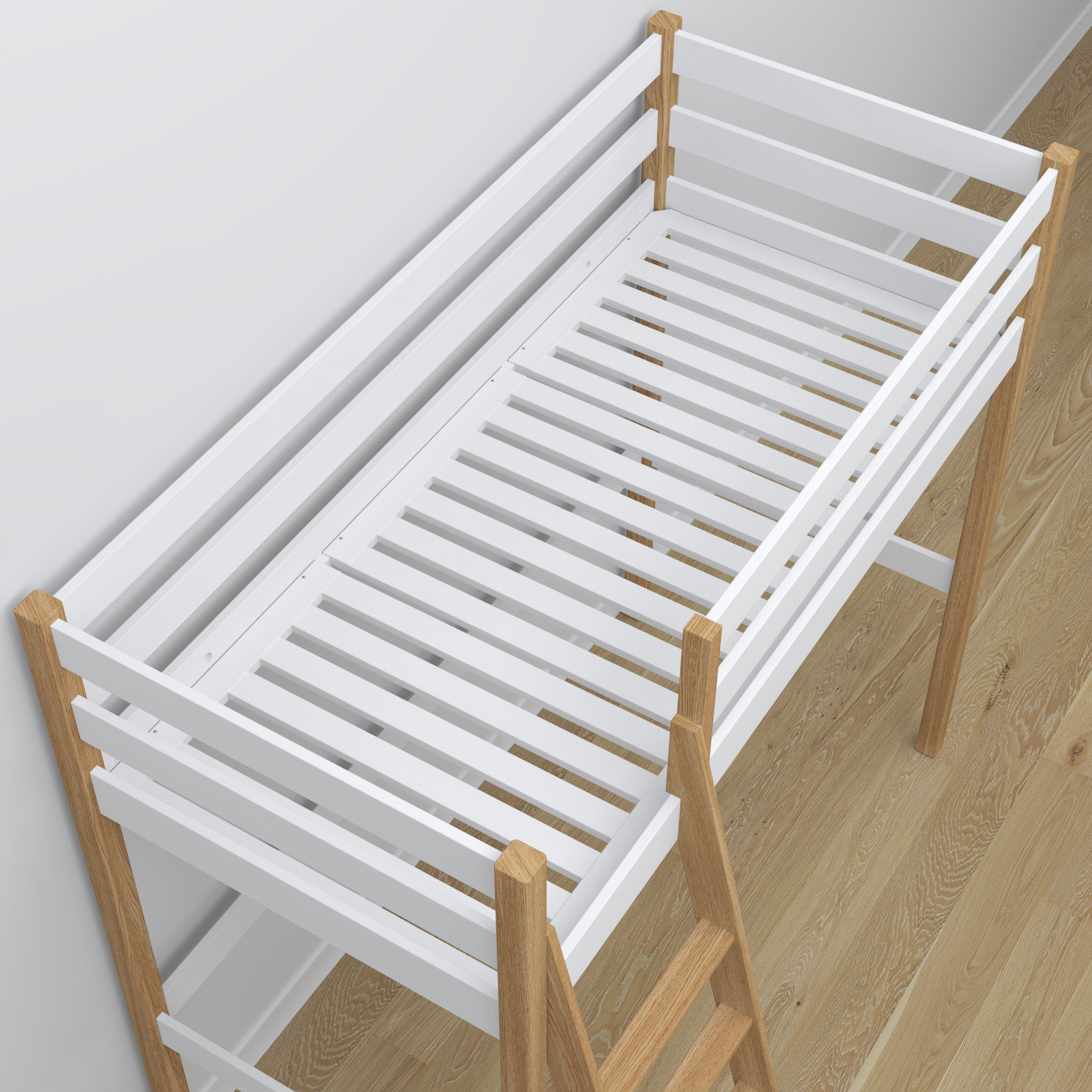Letto a soppalco in legno bianco-quercia – dettaglio giunzioni e scala, Nizio Home