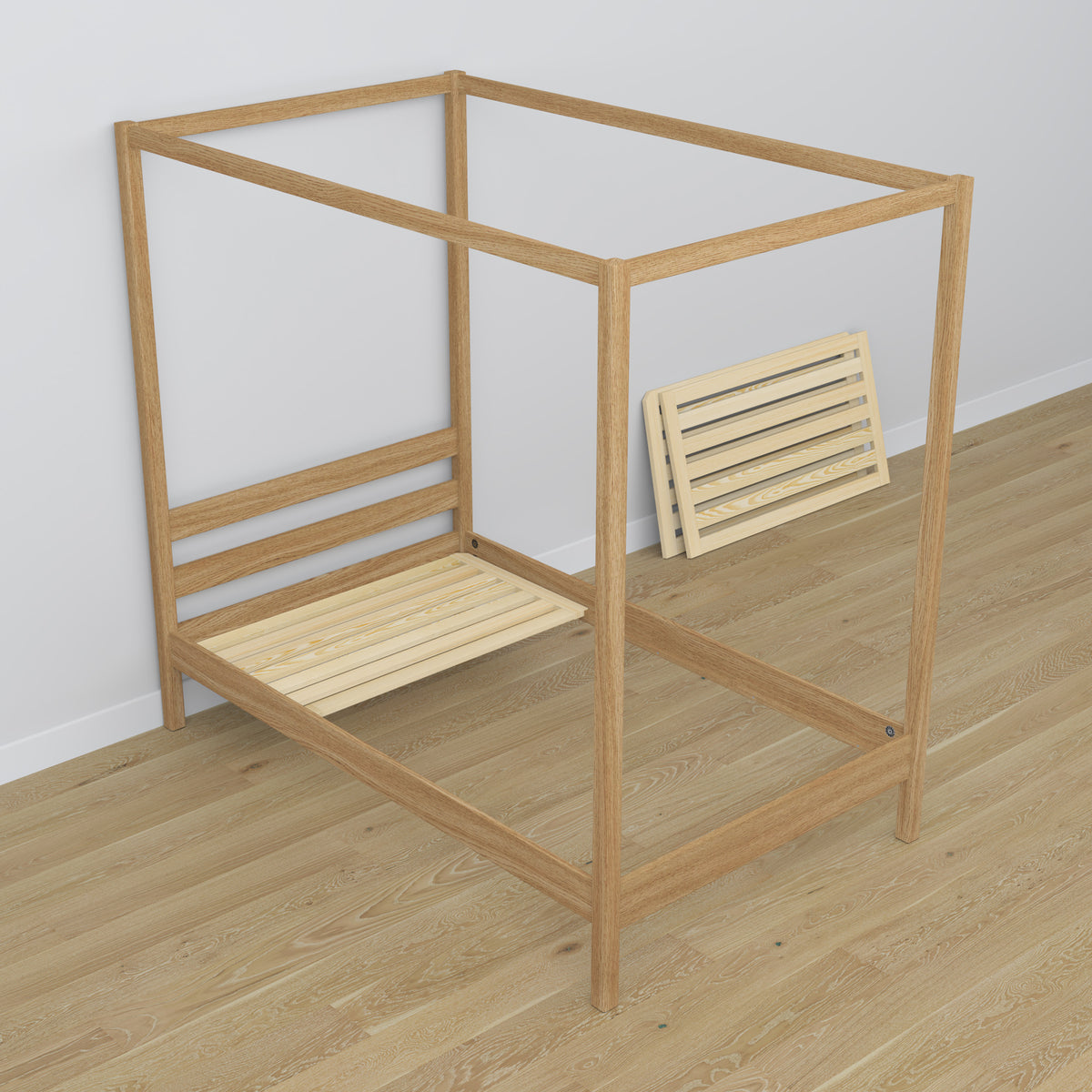 Natural Oak Canopy Bed in a Children’s Room – Scandi Arrangement