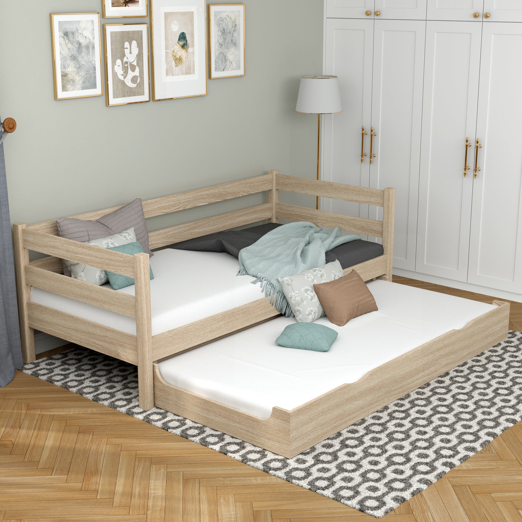 Sofa bed oak bleached oak – mattress drawer pulled out, for guests