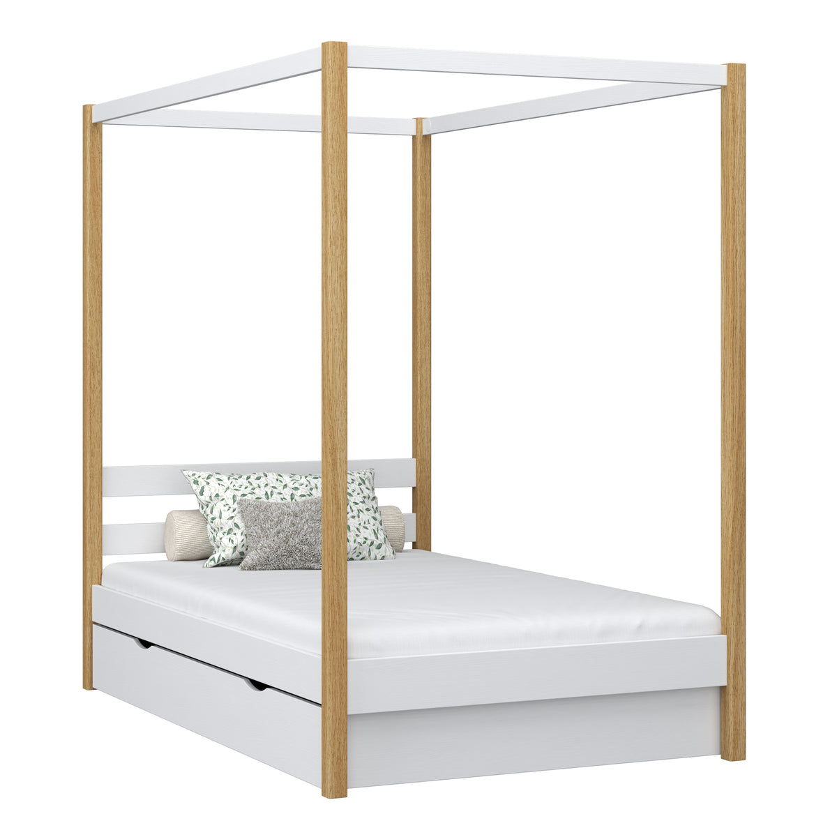 Wooden canopy bed with drawer white-oak – child’s room, scandi style