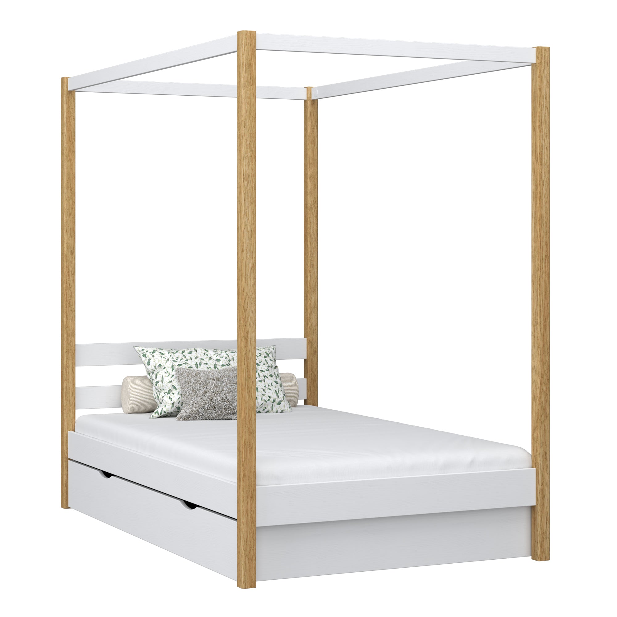 Wooden canopy bed with drawer white-oak – child’s room, scandi style