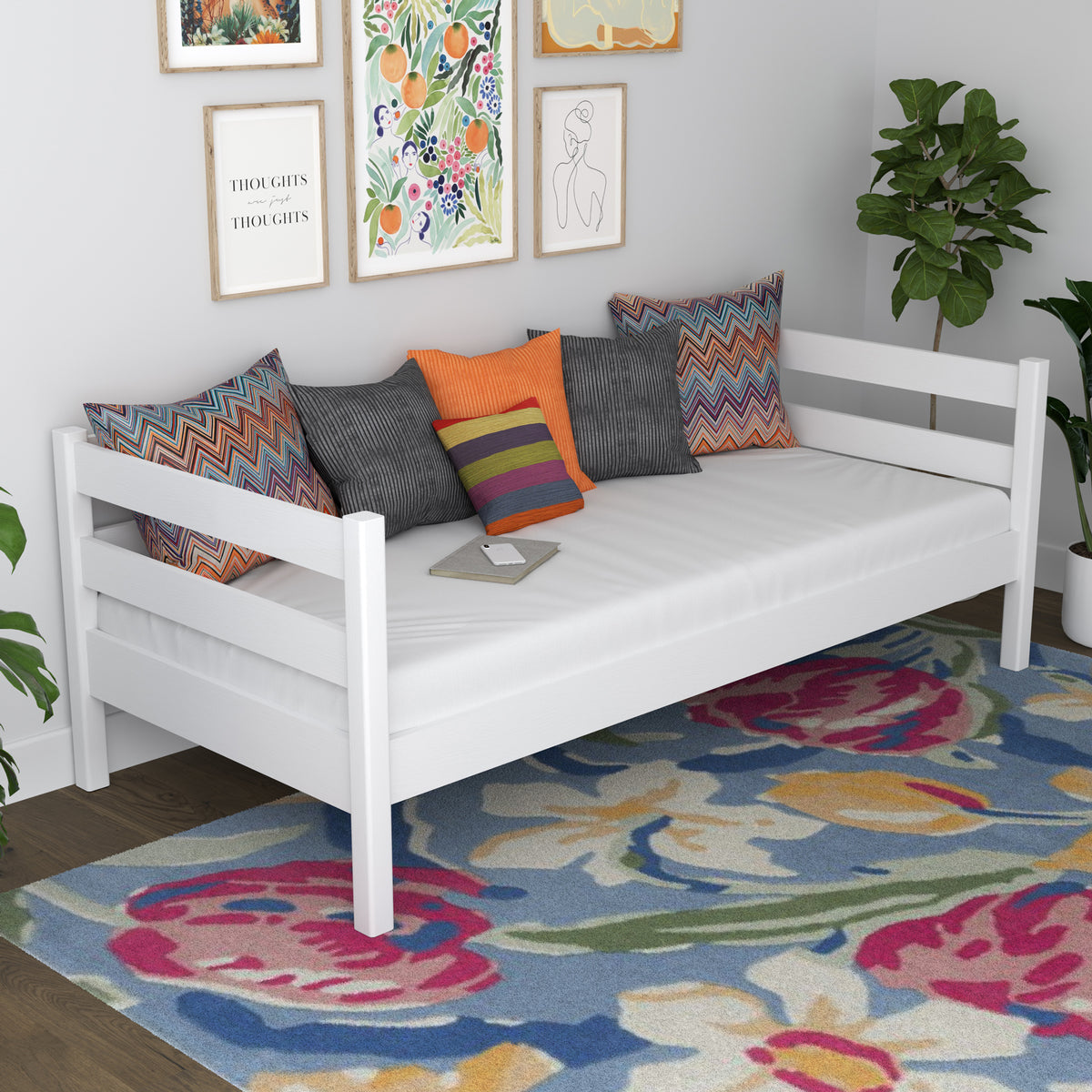 Letto divano in legno bianco – vista laterale, volume del mobile del mobile e proporzioni del mobile