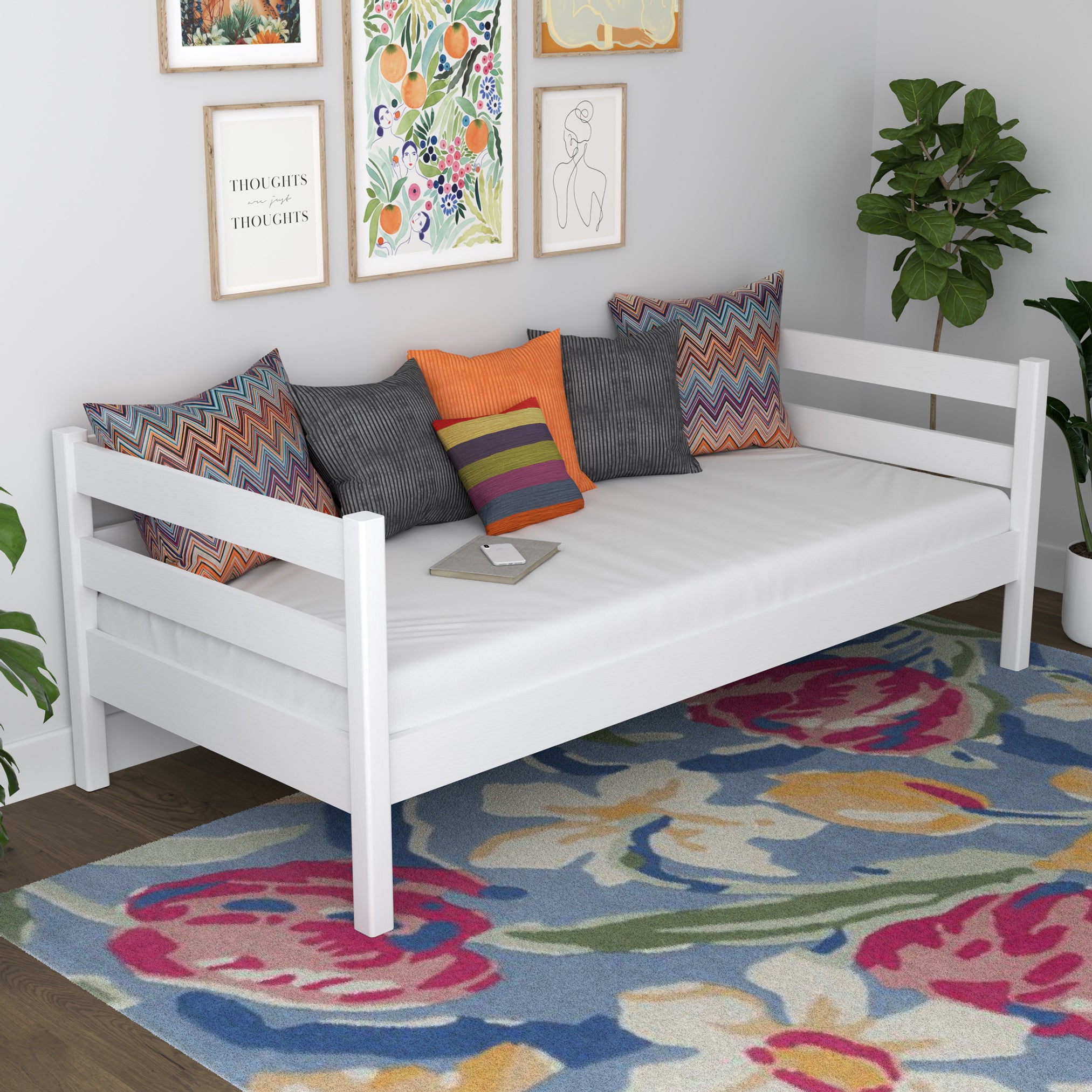 Letto divano in legno bianco – vista laterale, volume del mobile del mobile e proporzioni del mobile