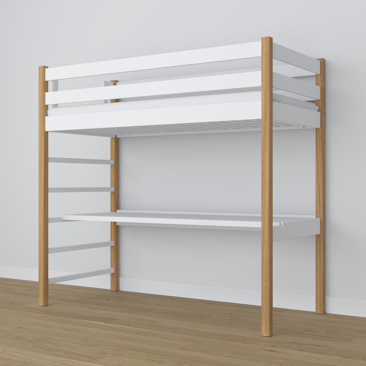 Letto a soppalco in legno bianco-quercia con scrivania – struttura e doghe, Nizio