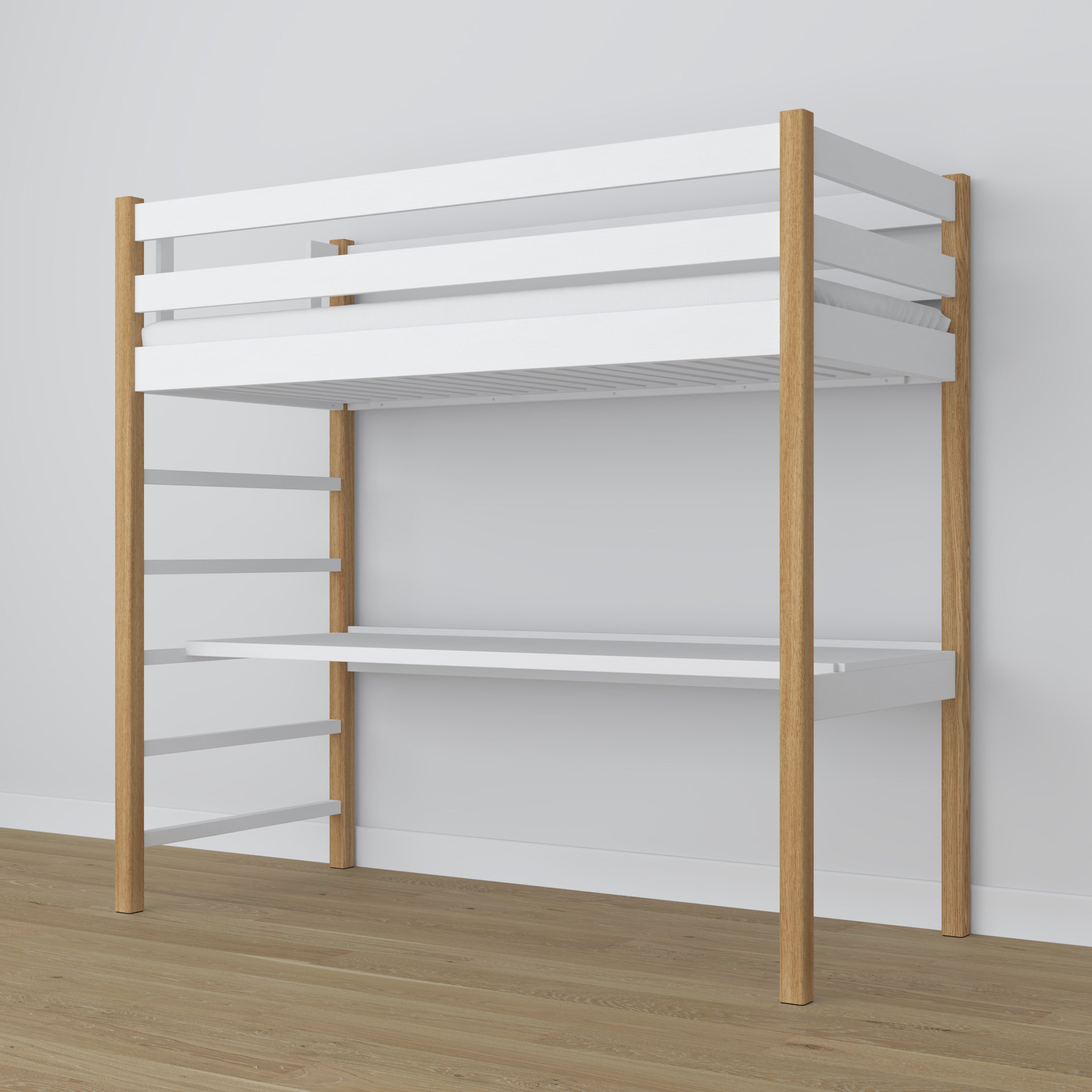Letto a soppalco in legno bianco-quercia con scrivania – struttura e doghe, Nizio