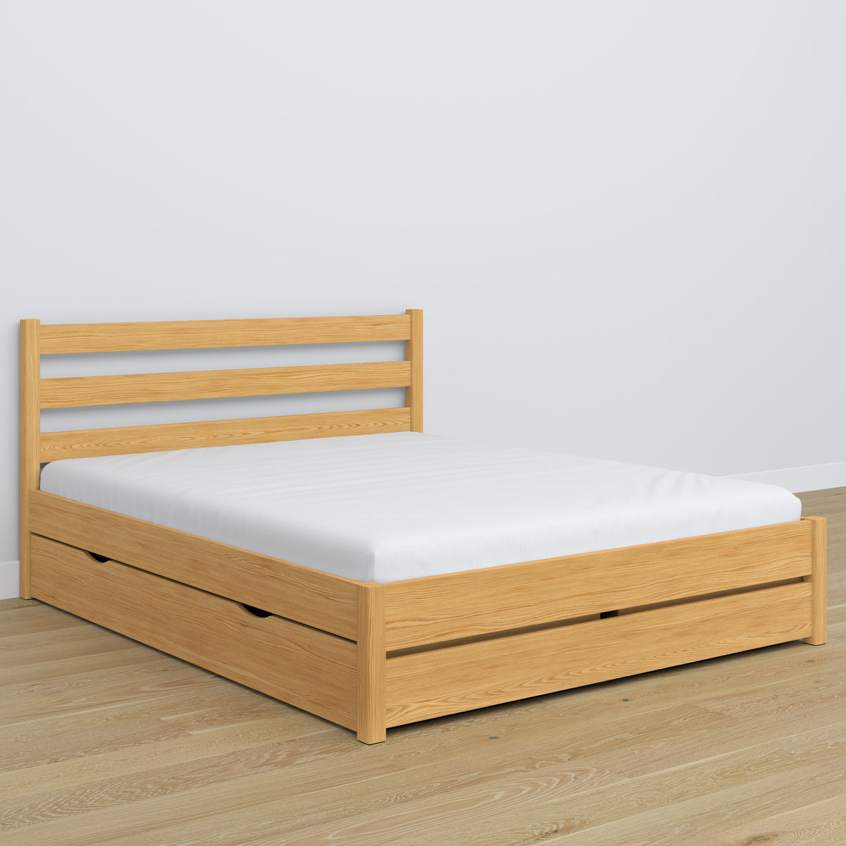 Double bed natural pine with drawer – wooden headboard, close-up