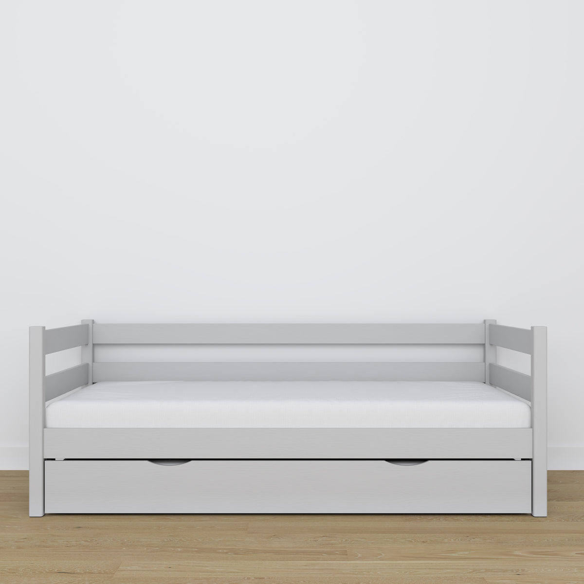 Łóżko sofa z szufladą na materac popielaty z drewna – wymiary, Nizio