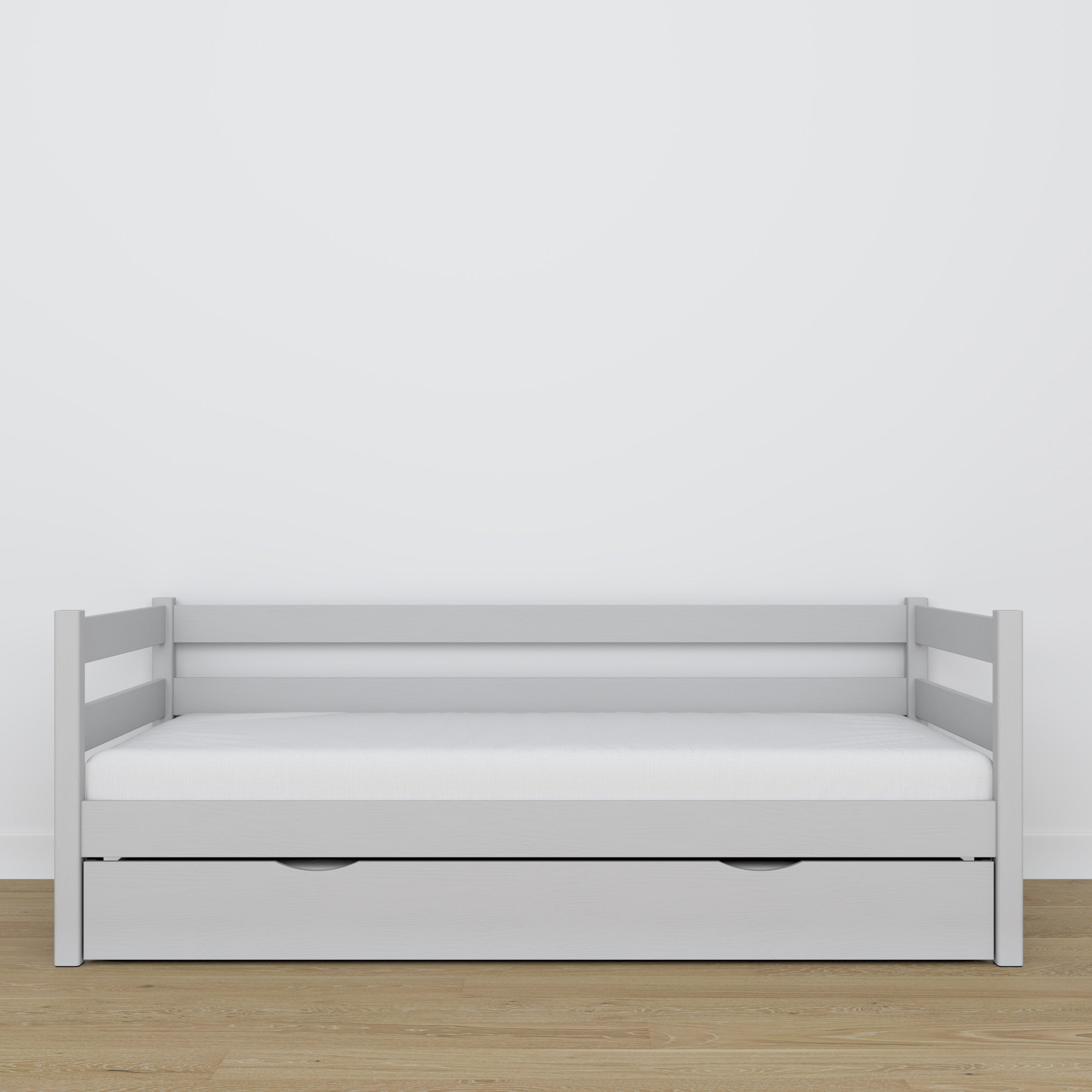 Łóżko sofa z szufladą na materac popielaty z drewna – wymiary, Nizio