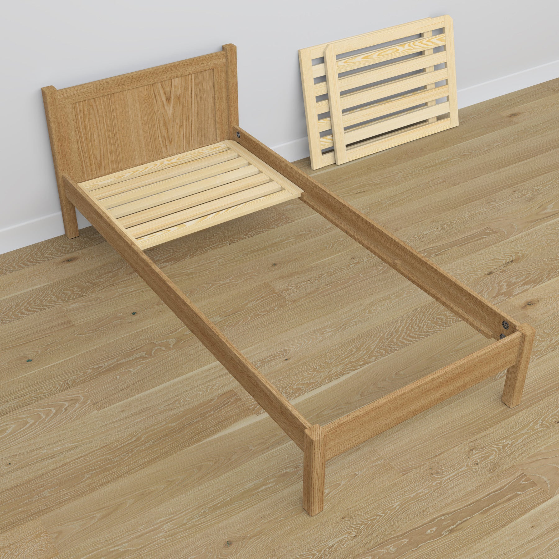Letto singolo in rovere naturale – vista diagonale, stanza per bambini scandi