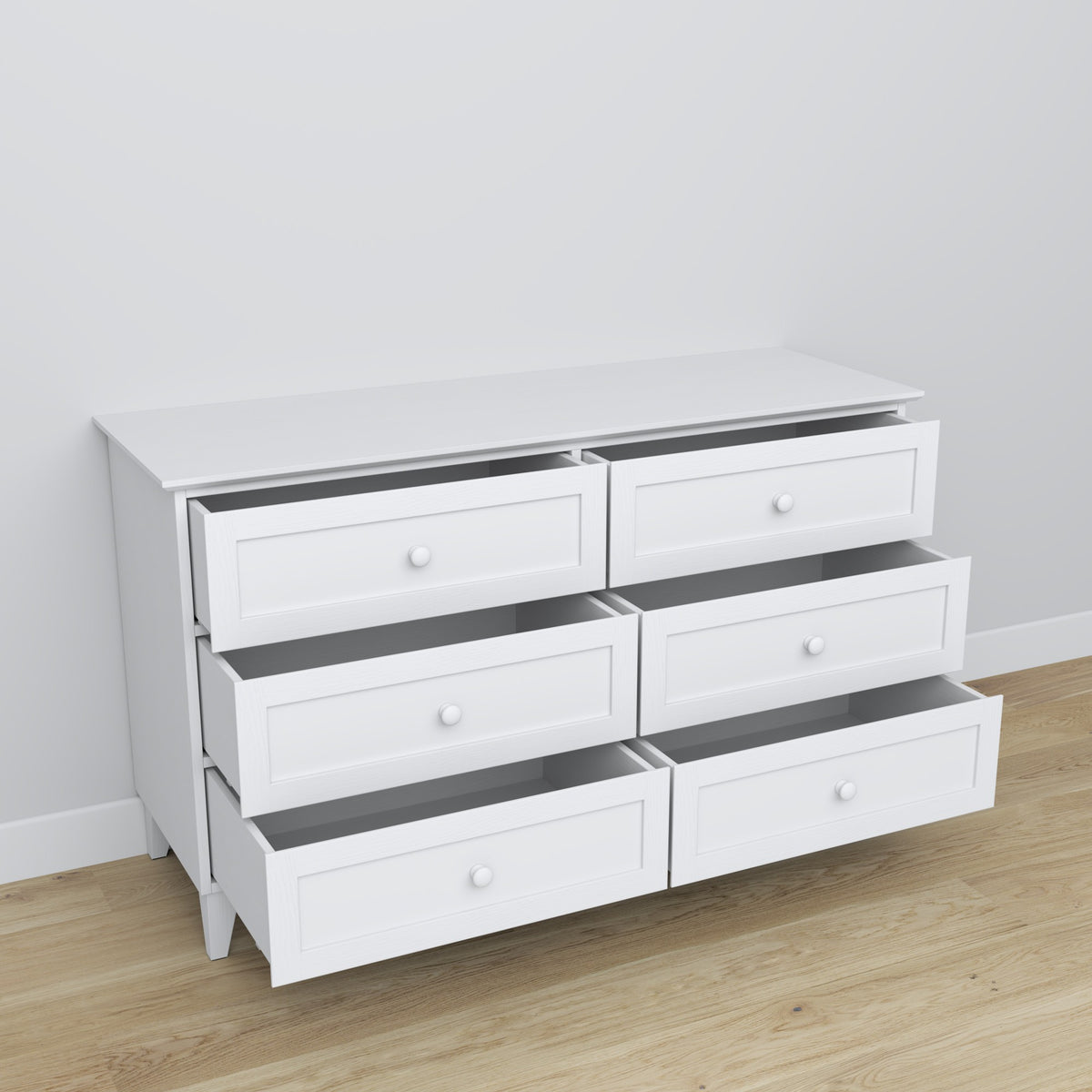 Cassettiera 6S in legno bianco 154 cm in camera da letto – allestimento scandinava