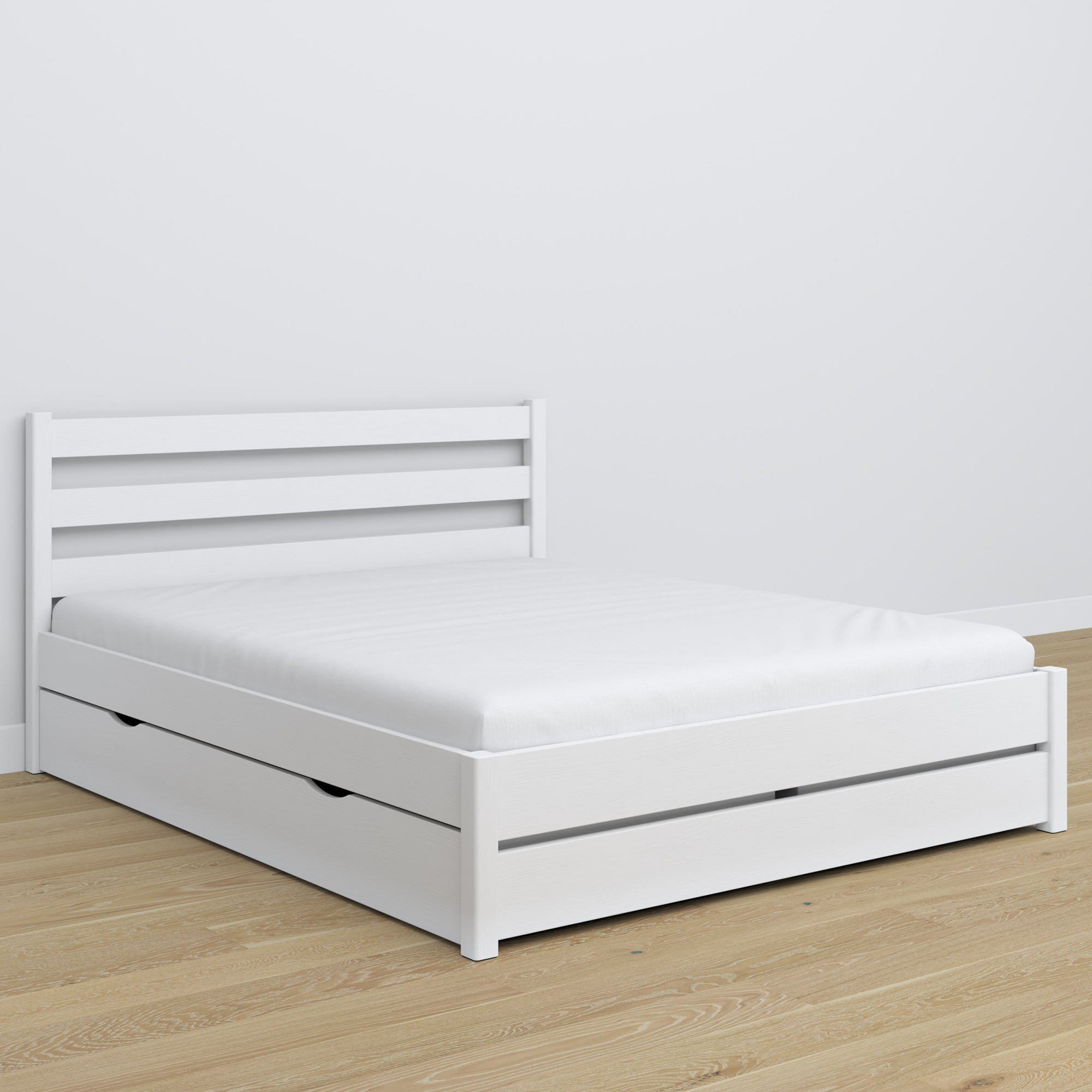 Letto matrimoniale bianco con cassetto – testiera in legno, dettaglio