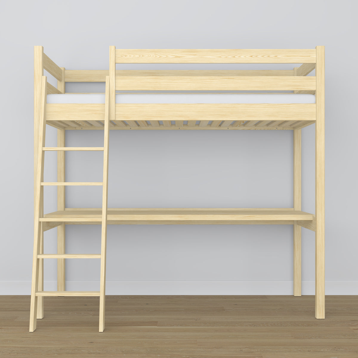 Loft bed clear pine wooden – top view of the sleeping area, Nizio