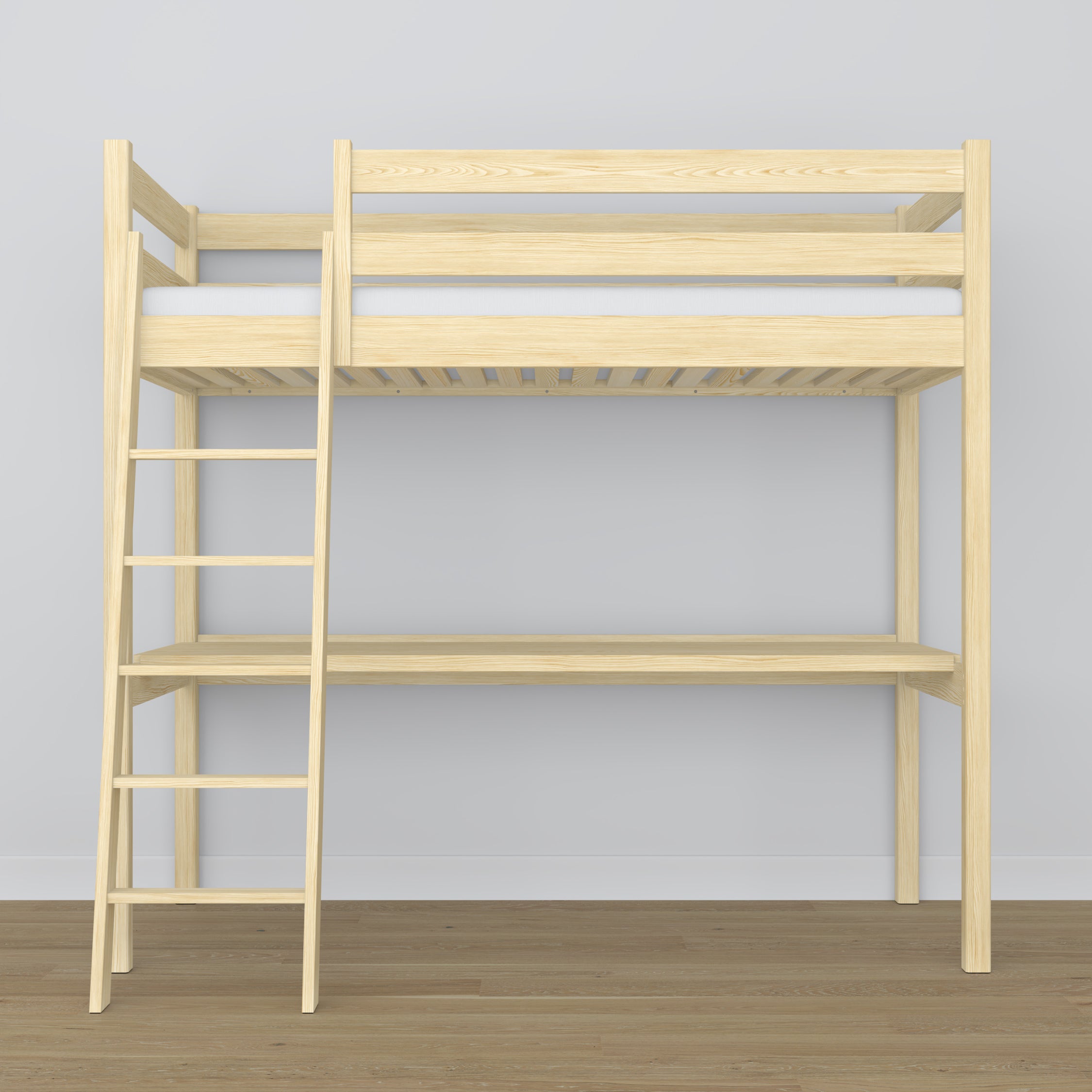 Loft bed clear pine wooden – top view of the sleeping area, Nizio