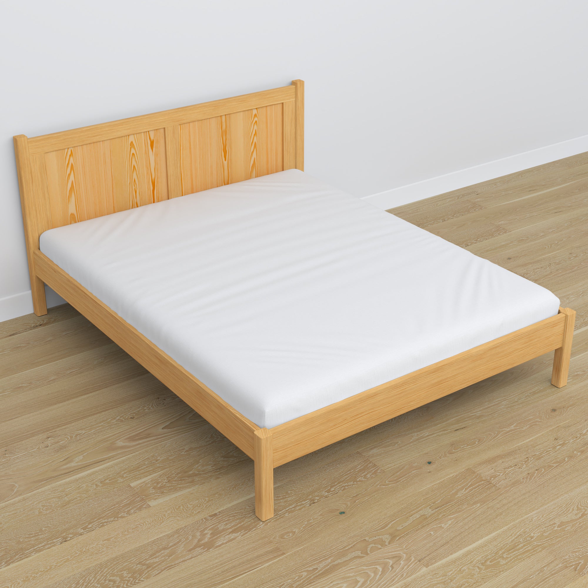 Letto matrimoniale pino naturale in camera da letto – allestimento con biancheria, stile scandi