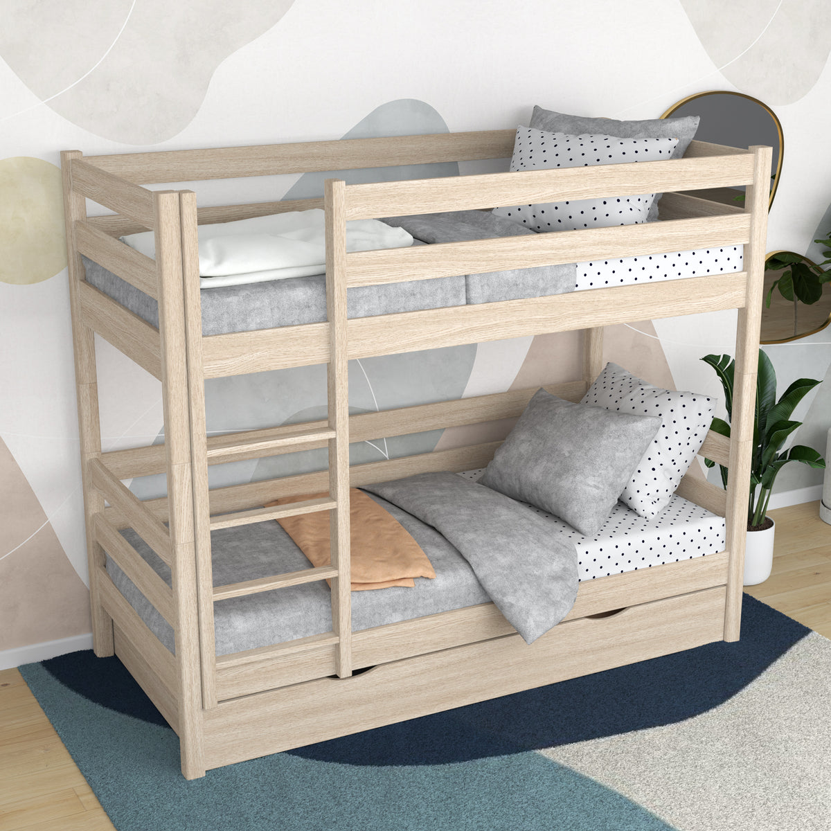 Letto a castello in rovere sbiancata – cassetto aperto, capiente vano sotto letto
