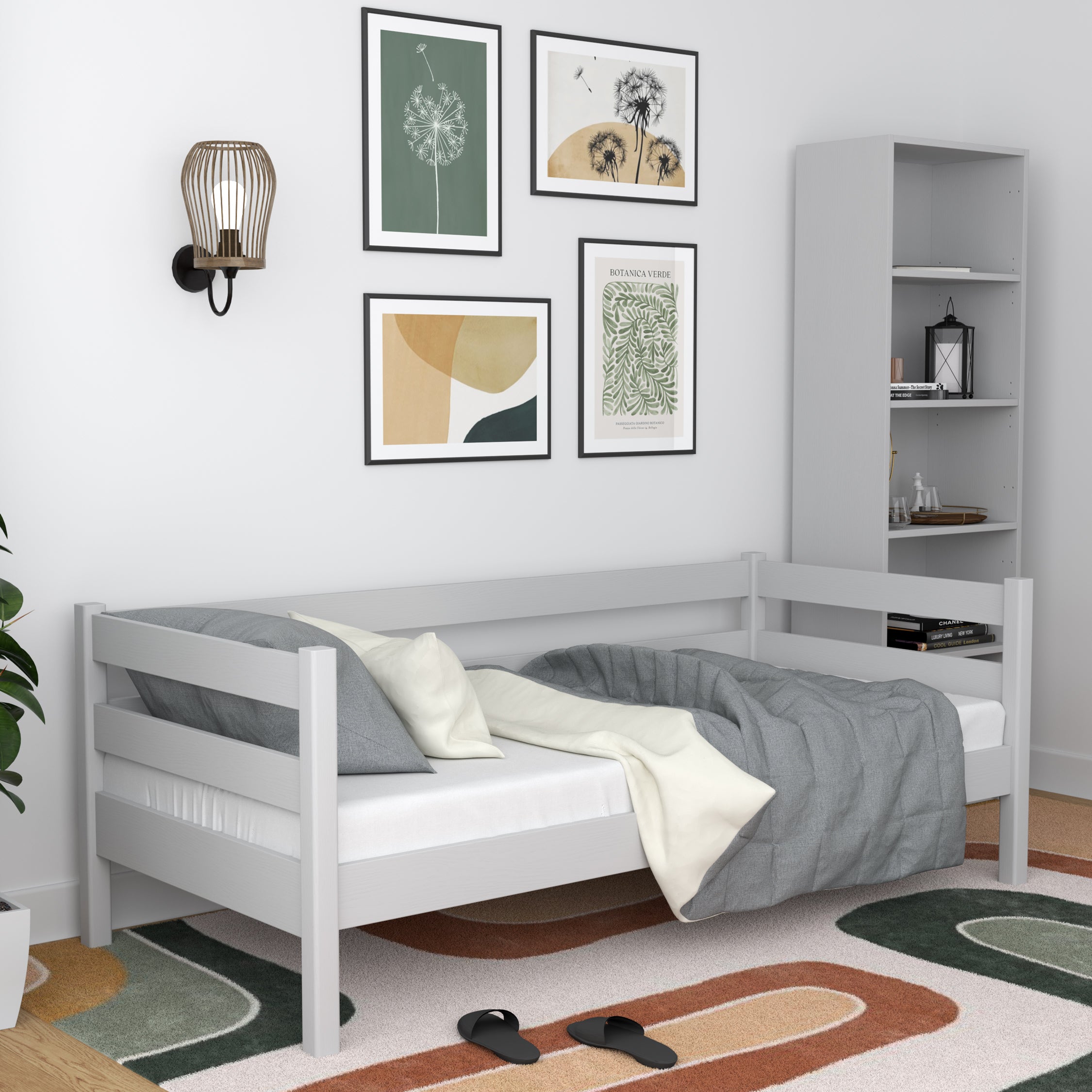 Letto divano grigio in nella cameretta dei bambini – allestimento scandi, in legno