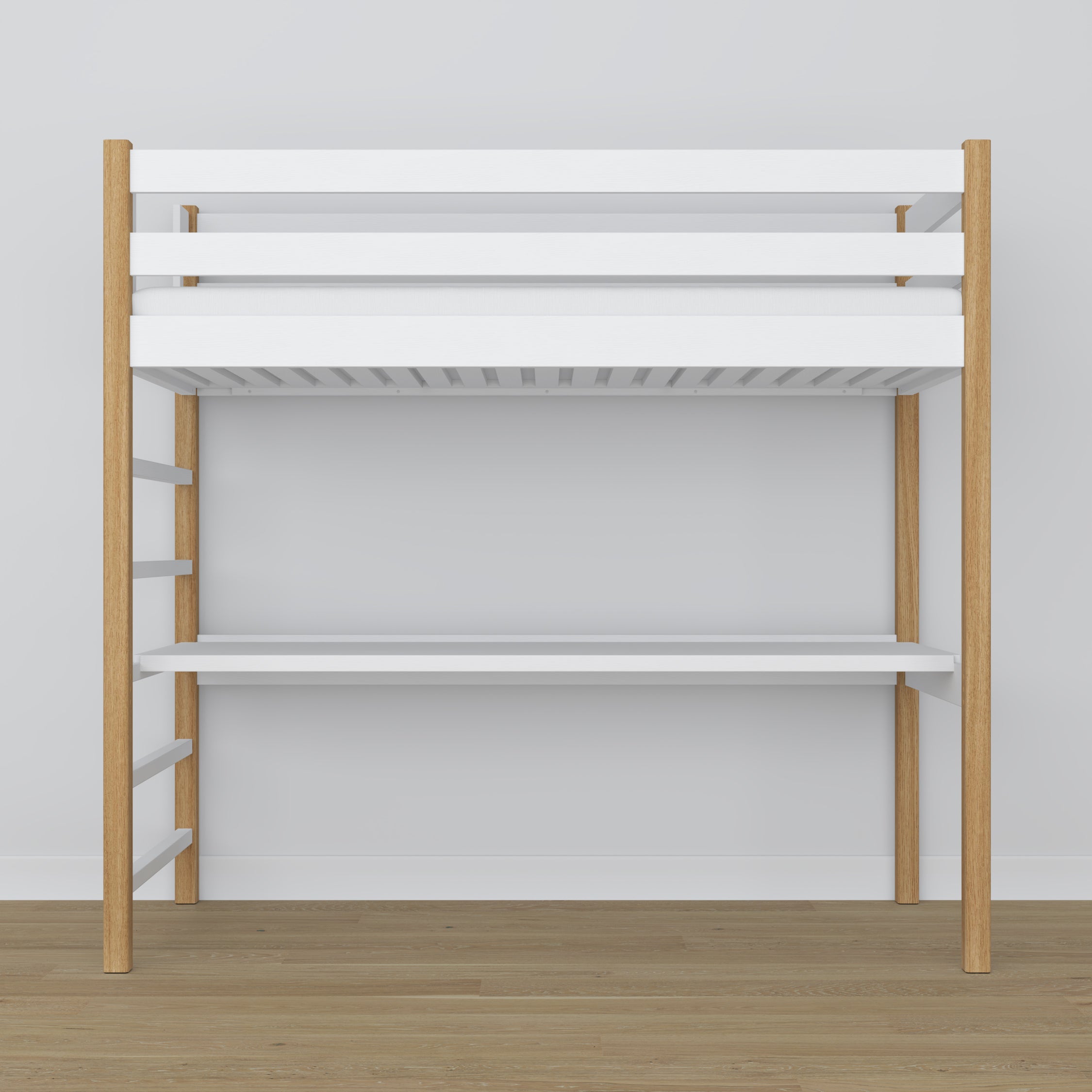Letto a soppalco bianco-quercia in legno – vista dall'alto su camera da letto, Nizio