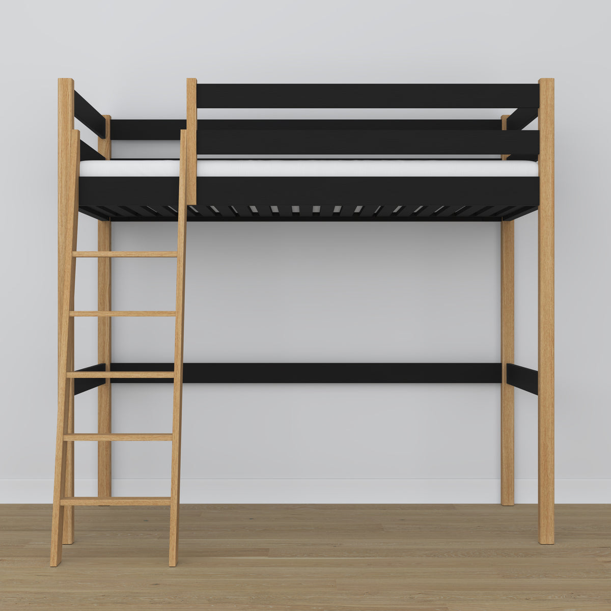 Loft bed black/oak wooden – top view of the sleeping area