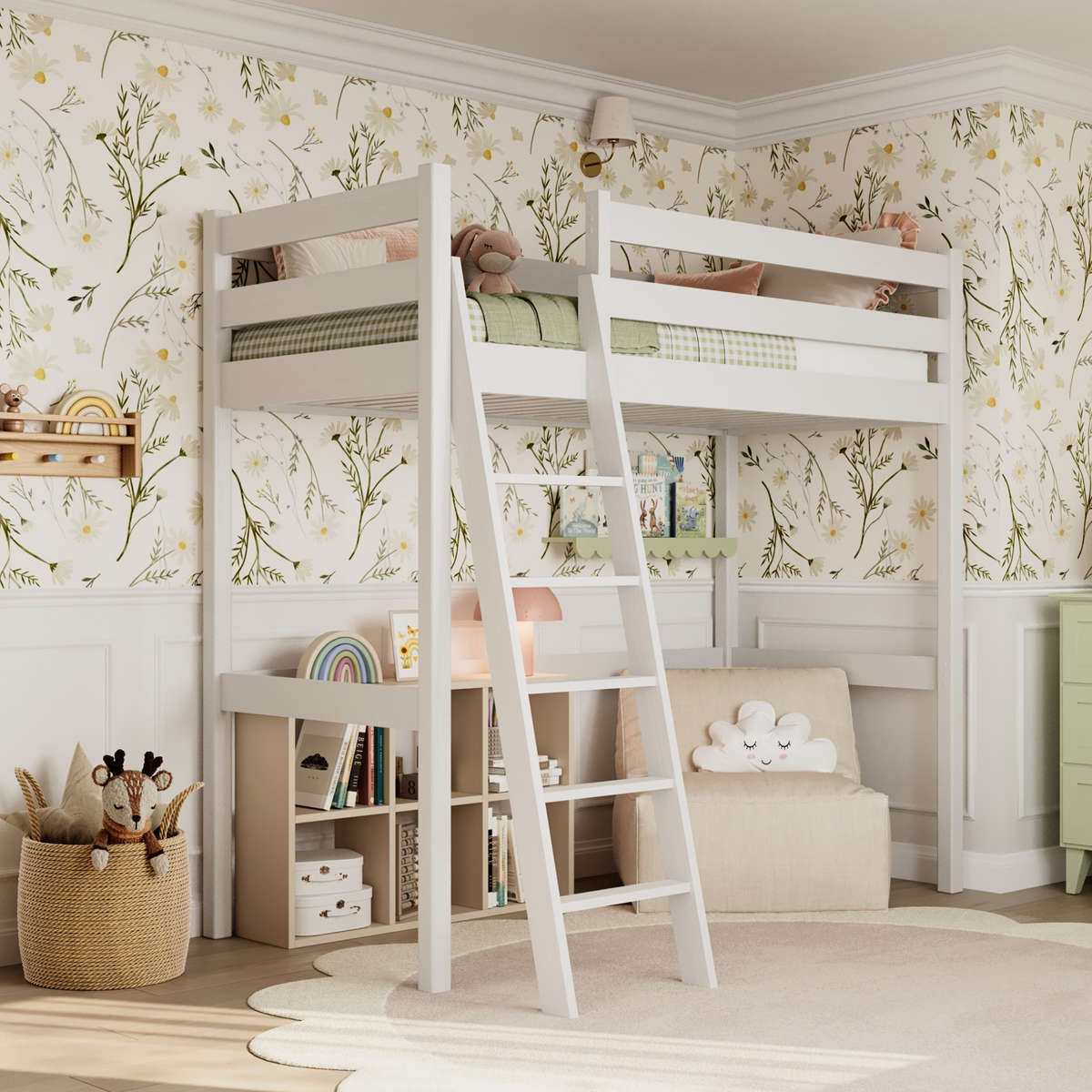 Letto a soppalco in legno bianco – spazio libero sotto camera da letto, Nizio