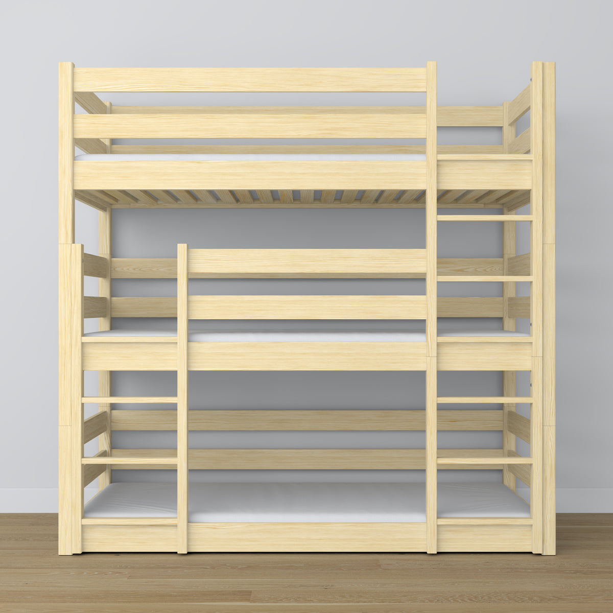 Triple bunk bed clear pine – ladder and safety rails, wooden
