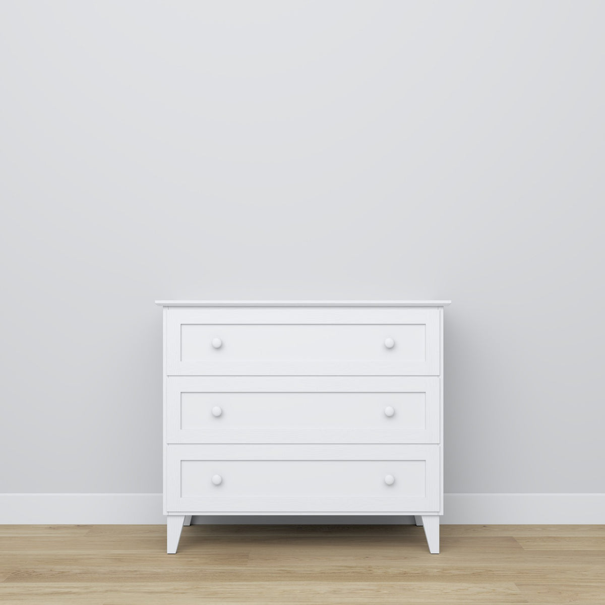 Cassettiera 3S bianco – maniglia e fronteale cassetti, dettaglio su in legno