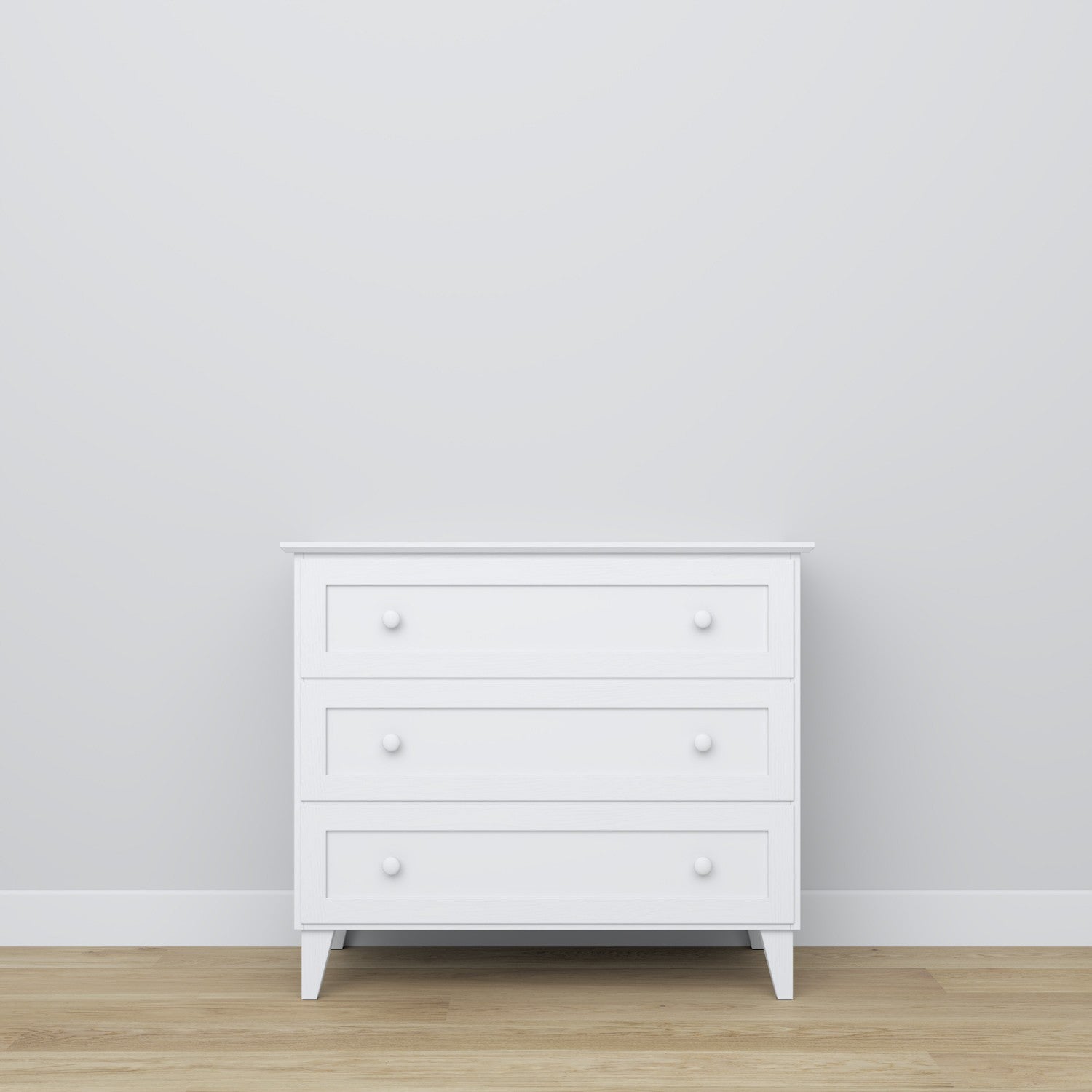Cassettiera 3S bianco – maniglia e fronteale cassetti, dettaglio su in legno