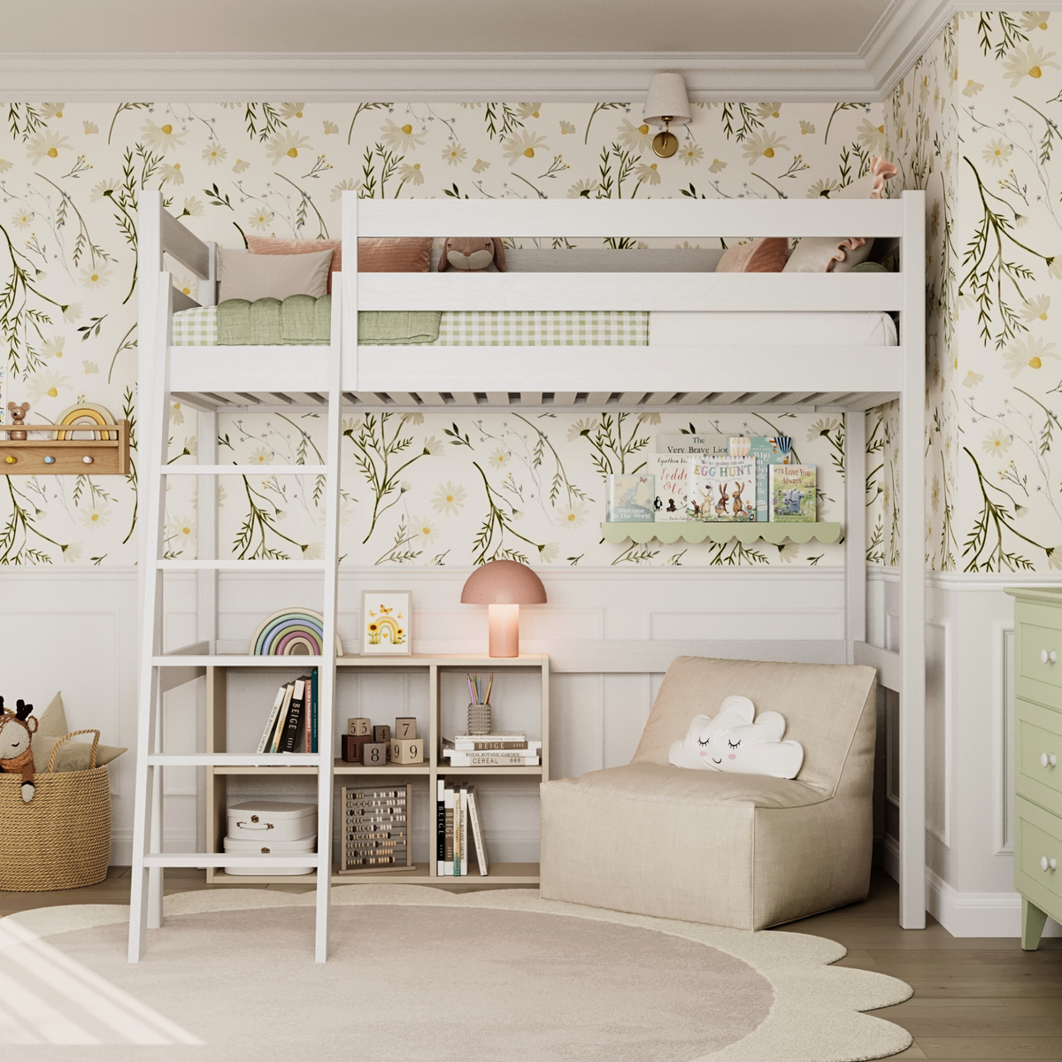 Letto a soppalco bianco – scala e sponda in legno, Nizio Home