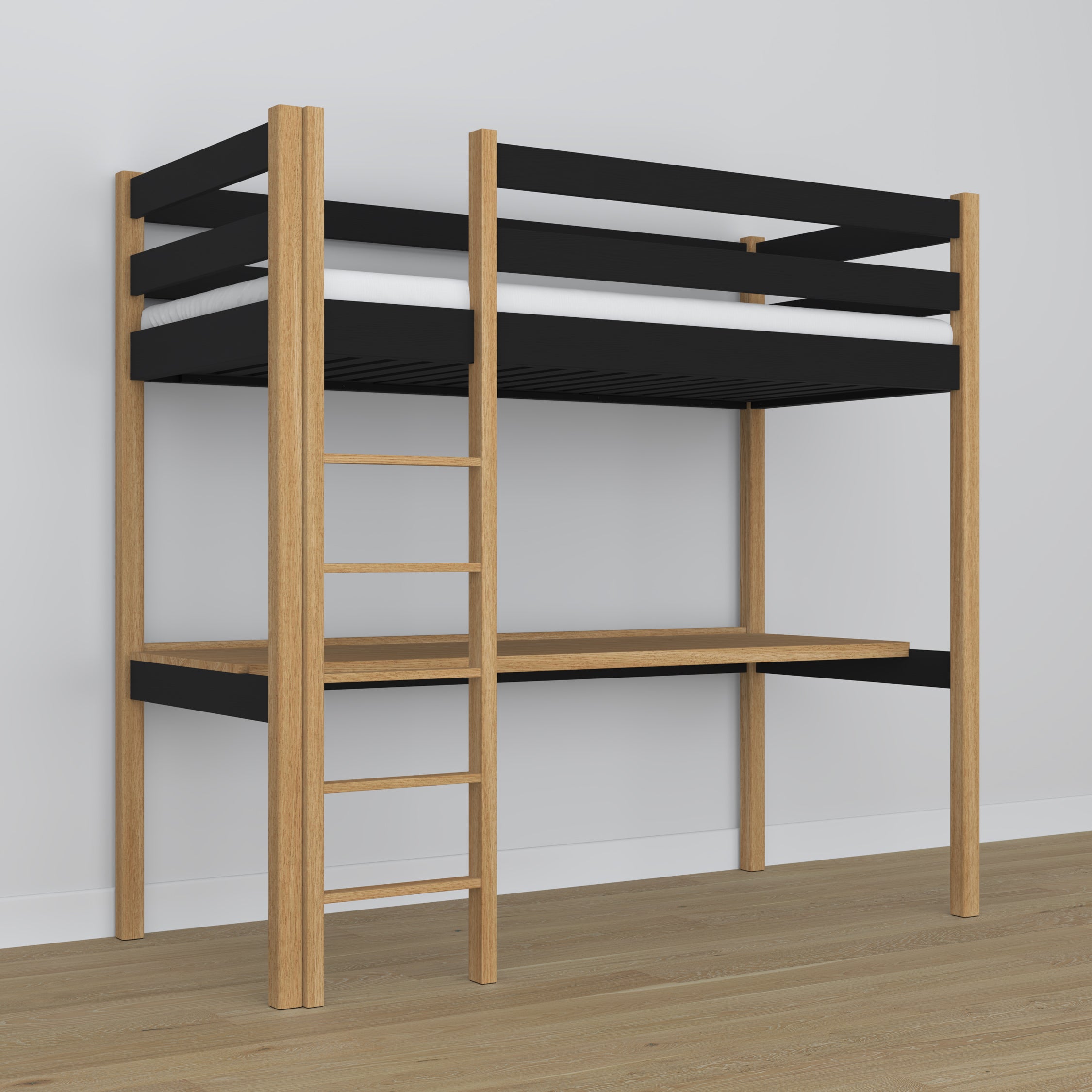 Loft bed with desk black/oak wooden – dimensions, Nizio Home
