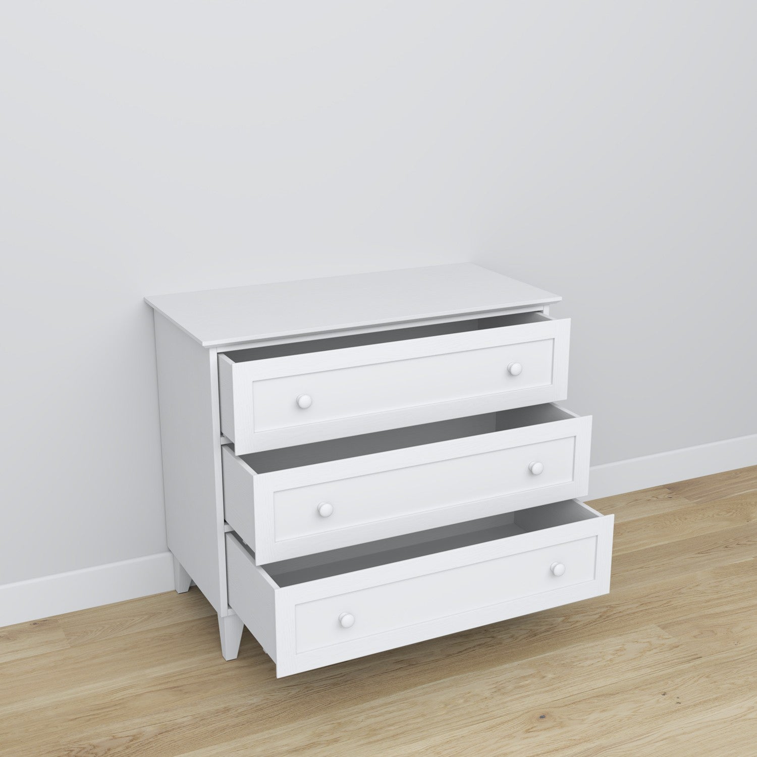 Cassettiera 3S in legno bianco 105 cm in camera da letto – allestimento scandinava