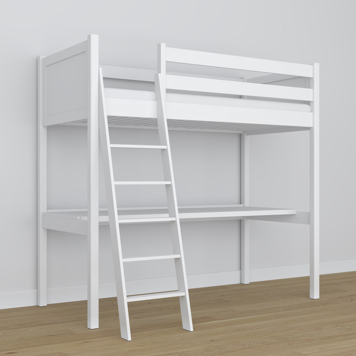 Letto a soppalco con scrivania in legno bianco – dettaglio giunzioni e scala