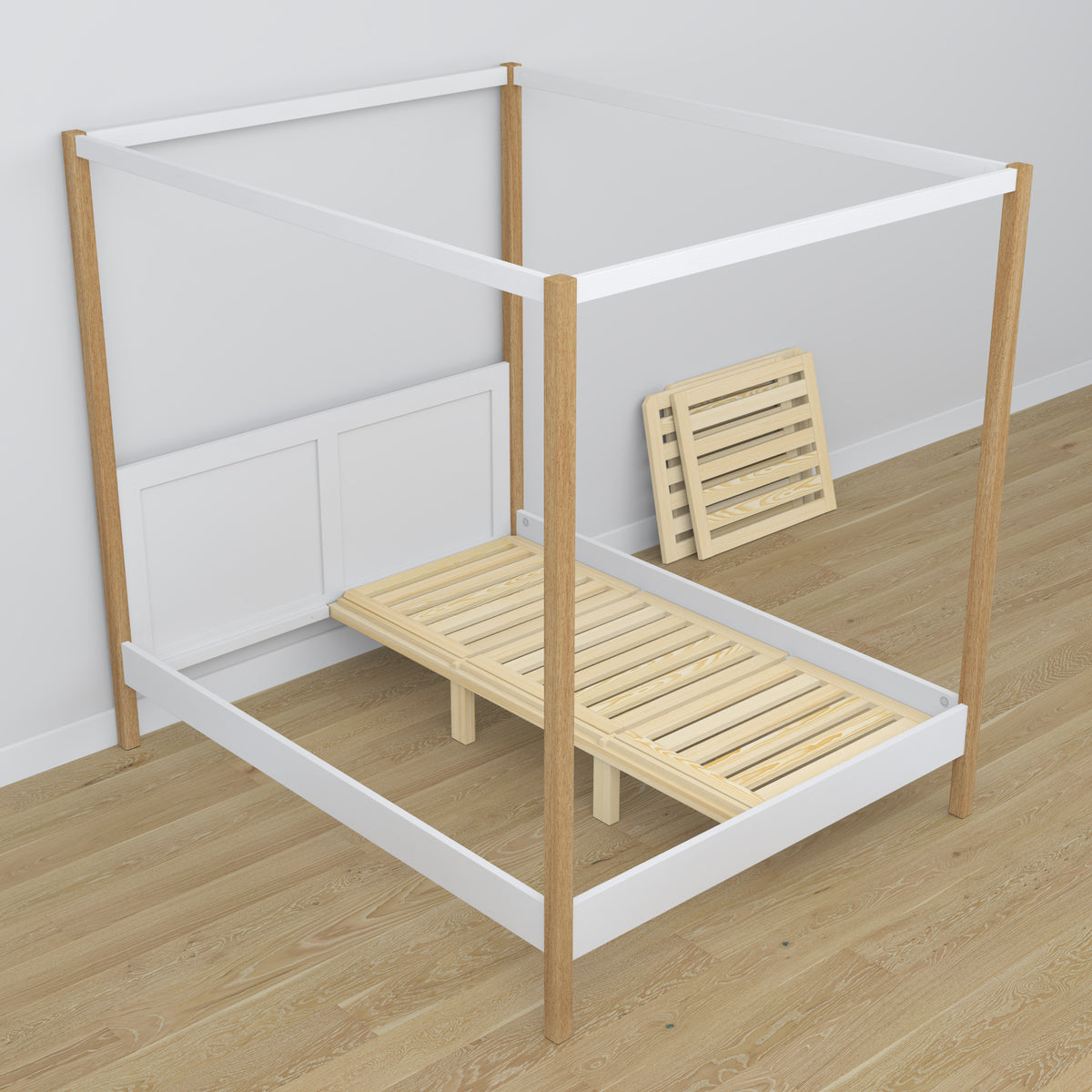 White-oak canopy bed made of wood – side view, scandi style