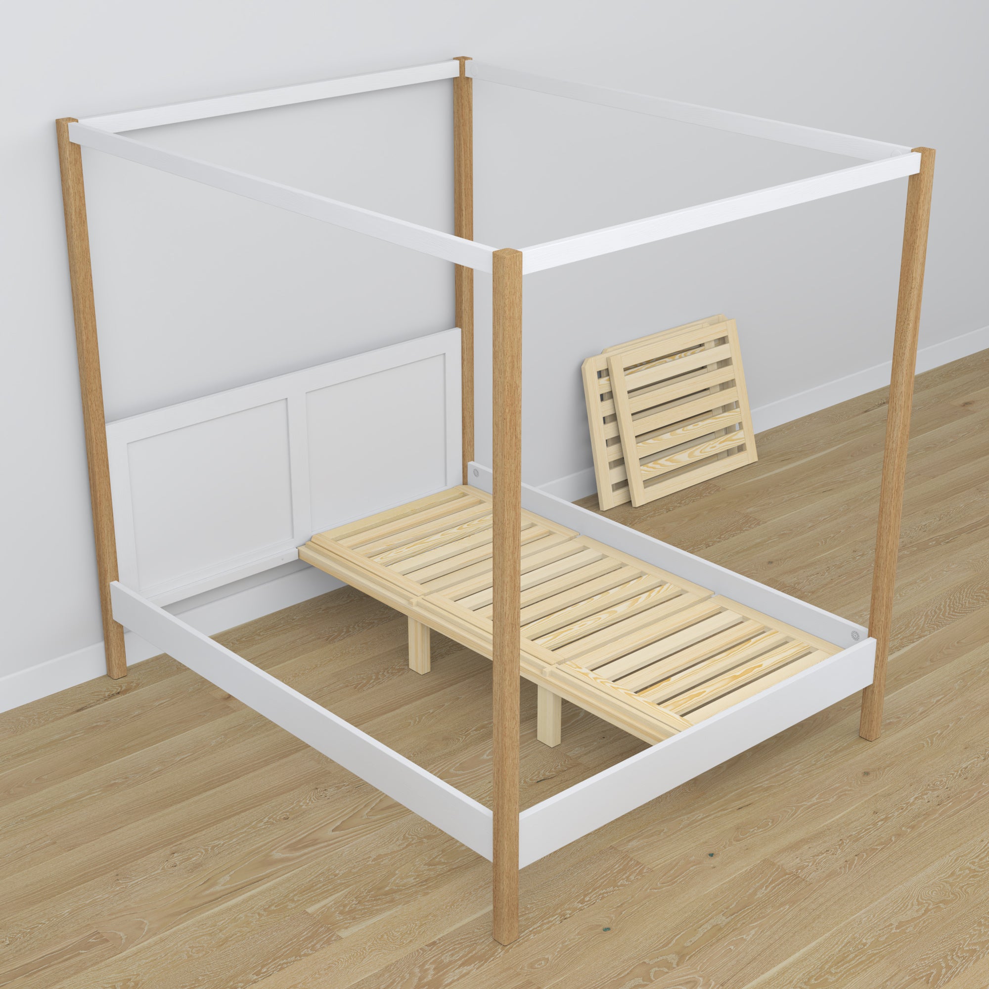 White-oak canopy bed made of wood – side view, scandi style