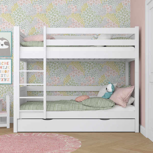 White Bunk Bed with Drawer – Wooden Safety Rail and Ladder, Nizio