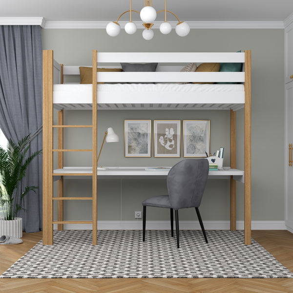Loft bed white/oak with desk – study space under the sleeping area, wooden